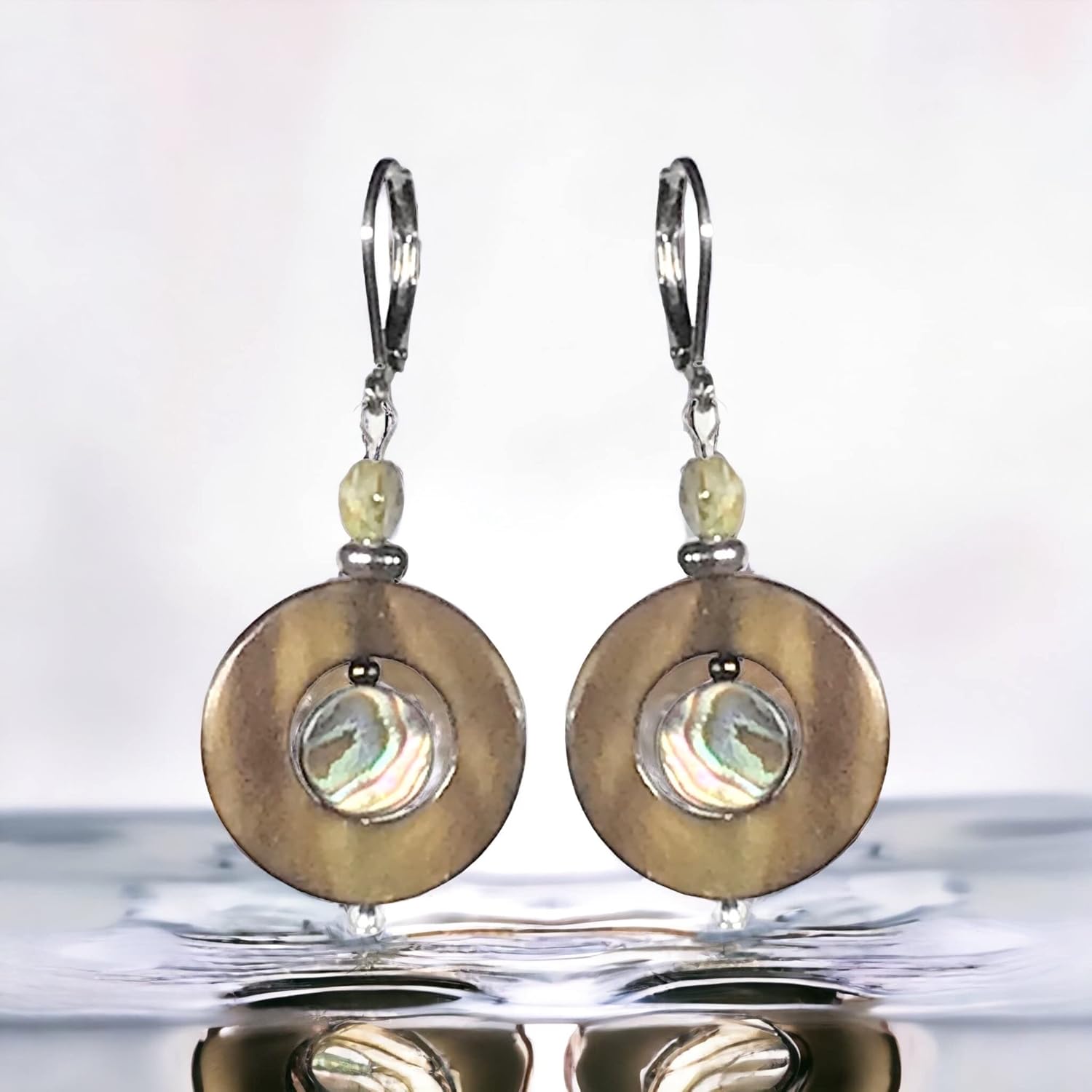 CariCat Designs Handmade Tiger's Eye with Inset Abalone Shell and Czech Glass Beaded Earrings - French Wire Lever Backs