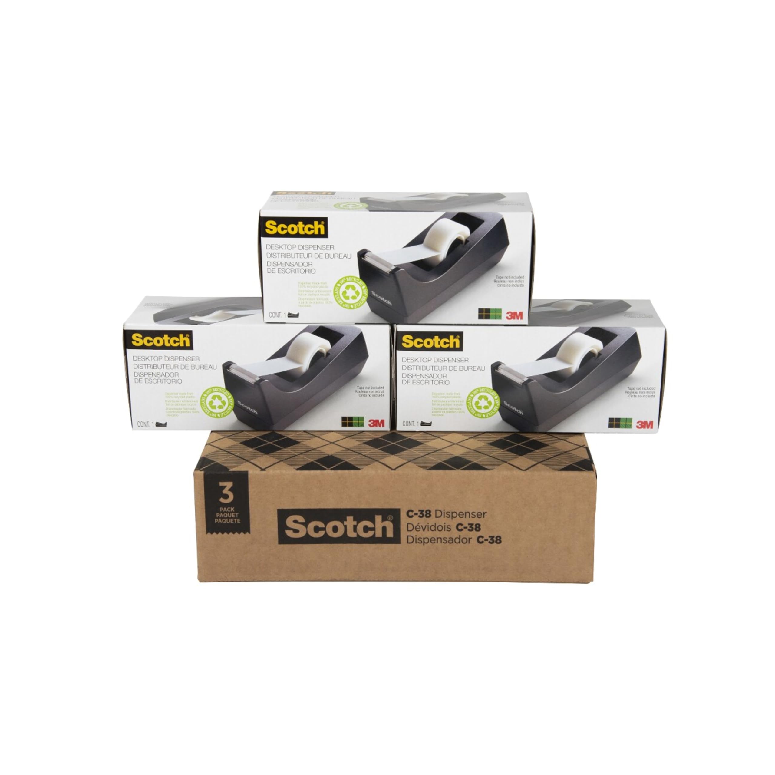 Scotch Dispenser di nastro da tavolo, nero, 6,9 cm x 6,9 cm x 16,3 cm, 3 dispenser per nastro adesivo