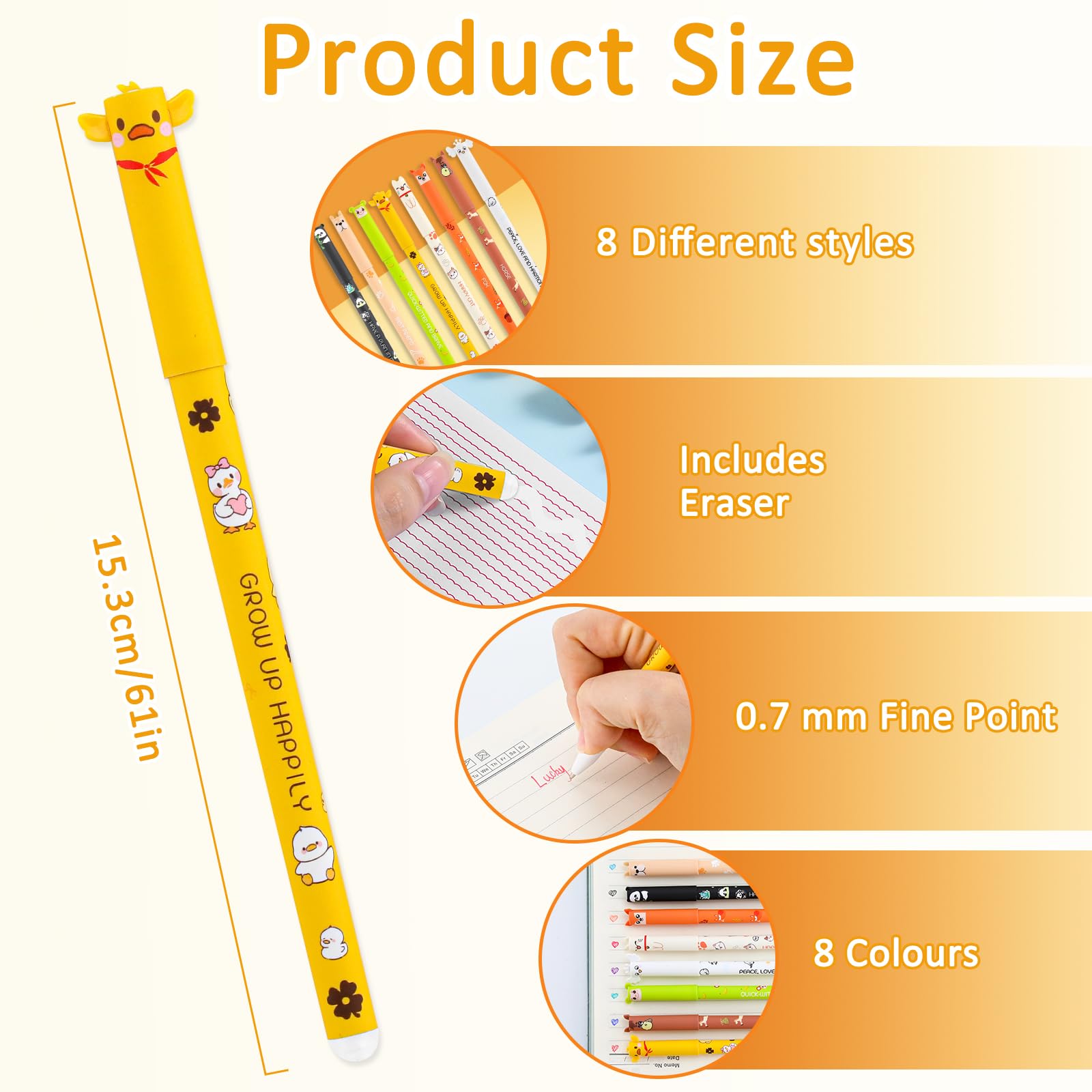 8 bolígrafos de gel borrables de gel borrables con goma de borrar, diseño de animales, 0,7 mm, escritura suave, tinta térmica, multicolor, artículos de papelería para la escuela o la oficina