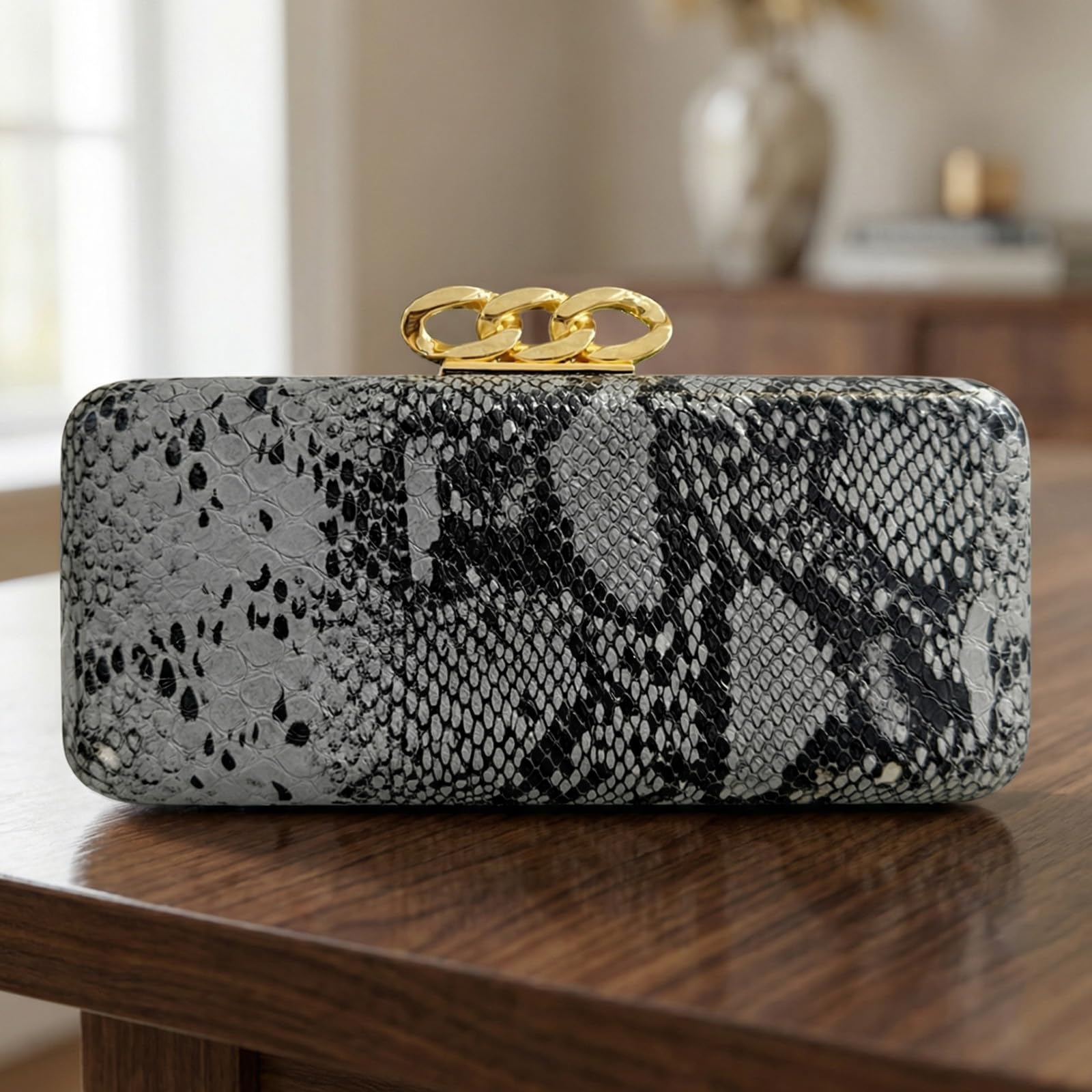 Bolso de mano de piel sintética con hebilla dorada, estampado de serpiente, cadena desmontable para mujer