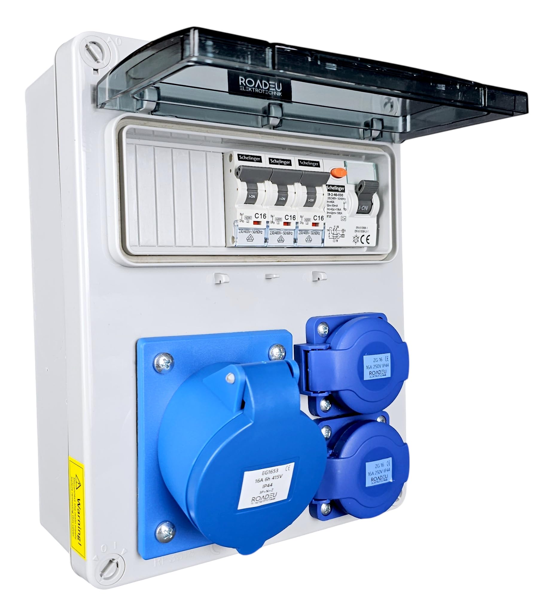 RoadEu Stromverteiler 230V IP44 mit FI, CEE 16A 3P und 2x Schuko