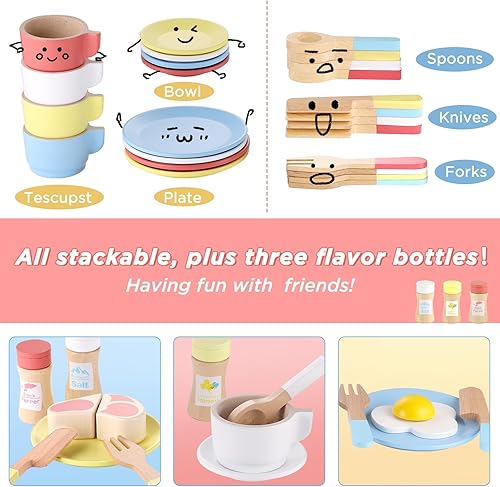 Miniatura 3 de GAGAKU Juego de platos y platos de madera para niños, juego de cocina de madera Montessori, accesorios de cocina, juguete de cocina para niños