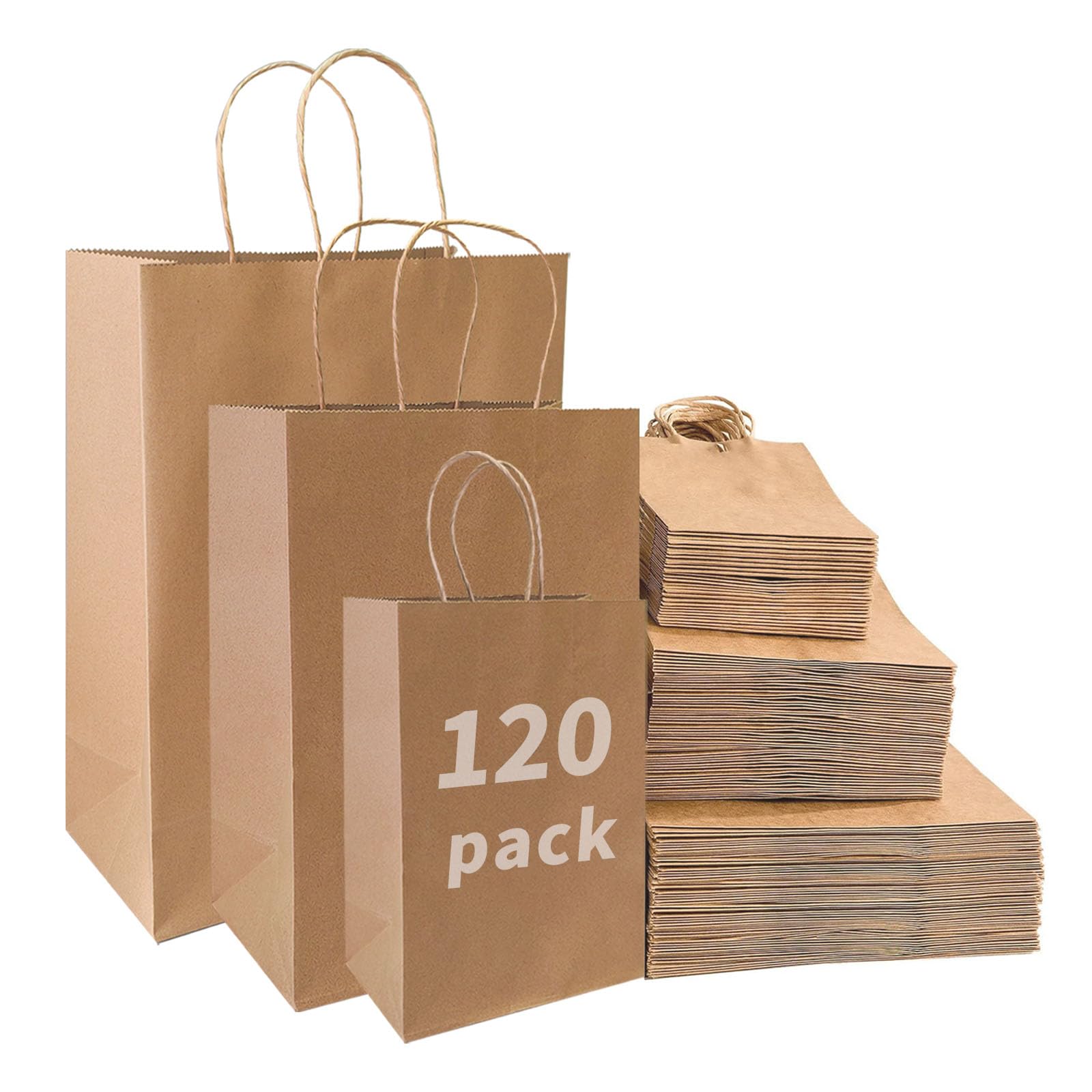 FACEBAG 120-Pack Brown Kraft Paper Bags with Handles Bulk,3 Assorted Sizes Gift Bags for Favors Grocery,Retail,Party,Birthday,Shopping,Business,Craft Merchandise Take Out Sacks
