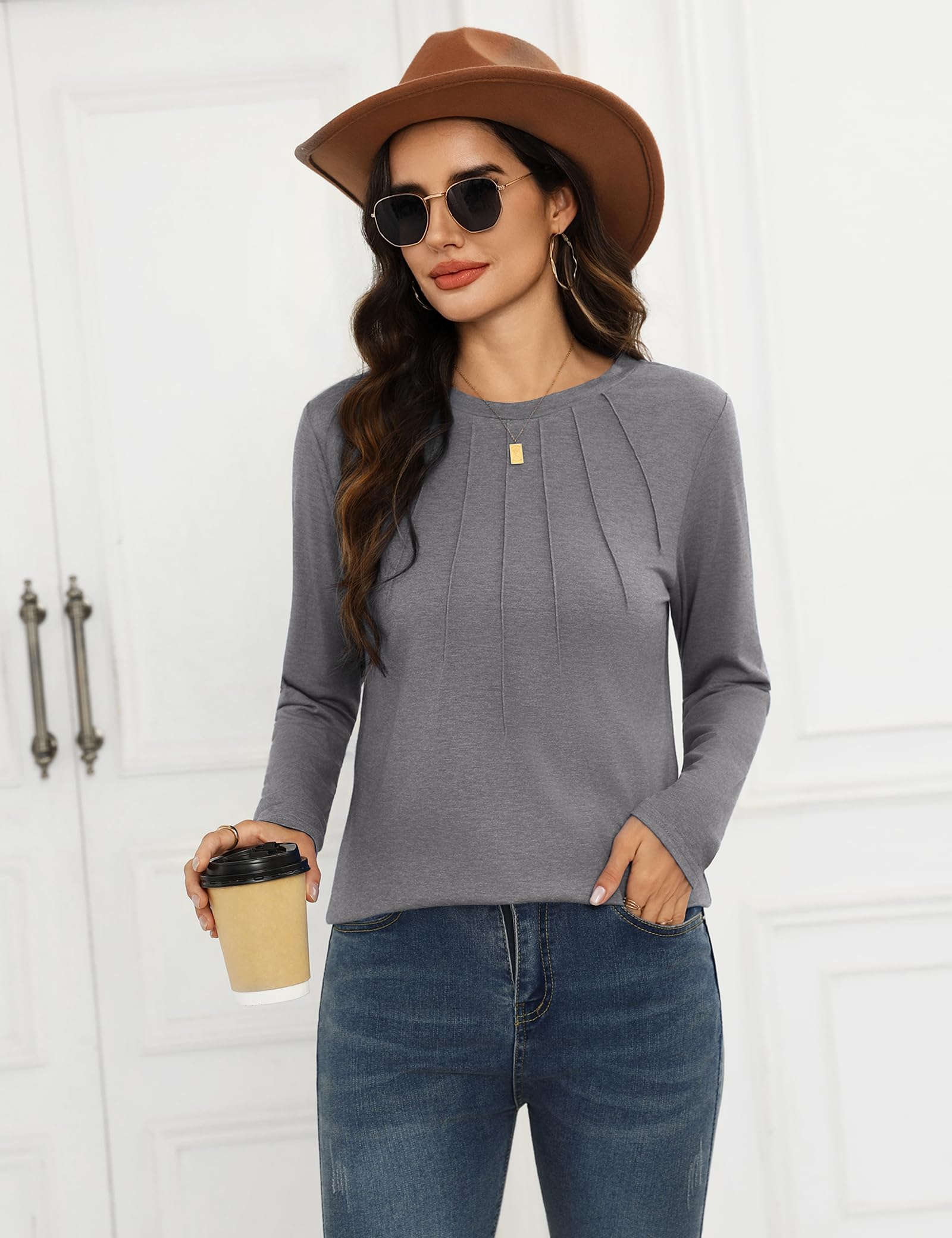 Gyabnw Maglietta Donna Maniche Lunghe Elegante T-Shirt Girocollo Donna Magliette Cotone Donna Moda Camicia Top Casual Tee