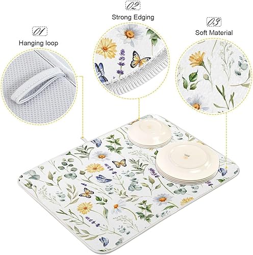 Vista 234 de Tapete de secado de platos de mariposas botánicas para encimera de cocina, almohadilla de secado de microfibra absorbente, grande, 18 x 24 pulgadas