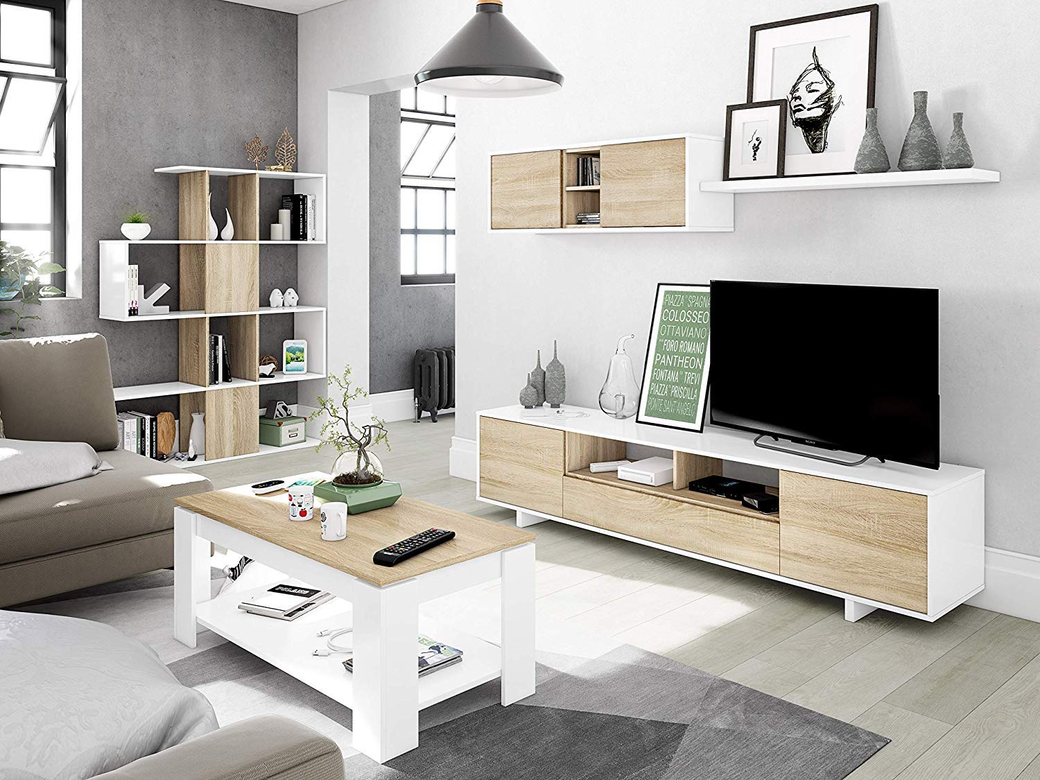 Arreditaly Parete Attrezzata Nottingham Mobile Soggiorno TV con Ripiani, Ante E Mensola Ideale per Salotto Legno Base Televisione Sala da Pranzo Design Moderno 200 x 41 x 46 cm Colore Bianco e Rovere