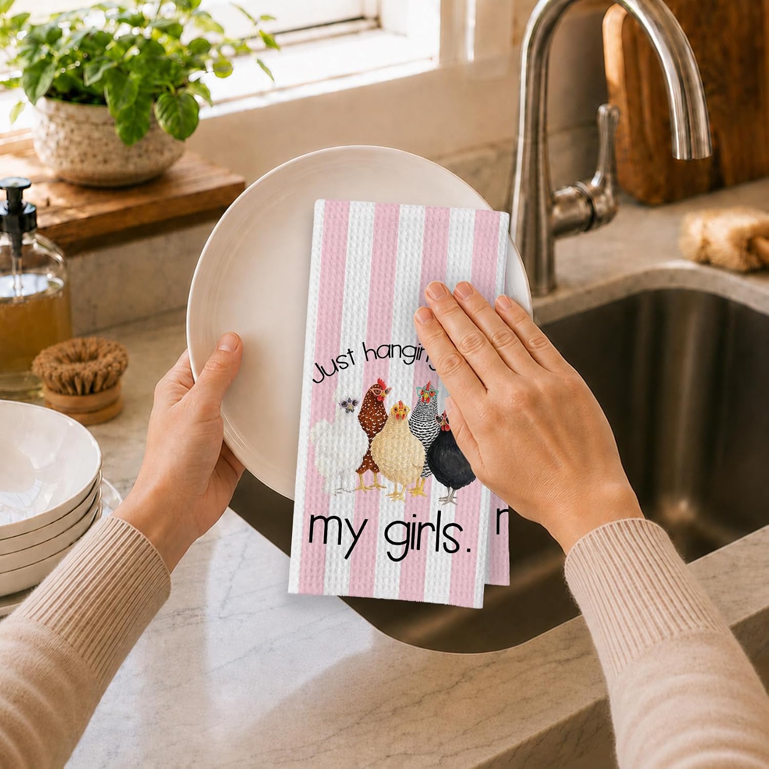 Funny Pink Striped Chicken Decorative Kitchen Hand Towels 16x24 image 4