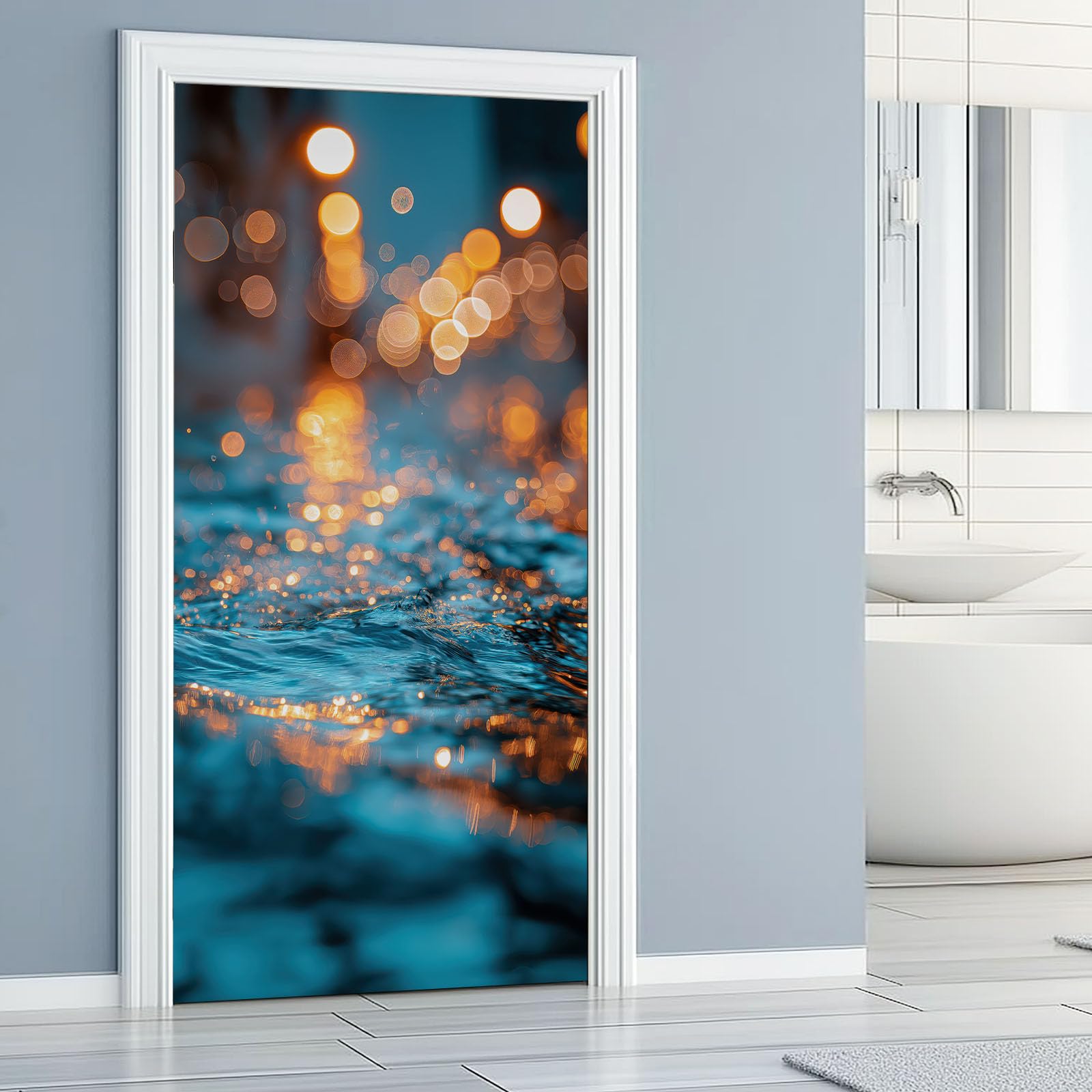 Papel pintado autoadhesivo para puerta, minimalista, superficie de agua, póster para puerta, adhesivo para puerta, textura ondulada resistente al agua, lámina de vinilo para puerta, azul extraíble