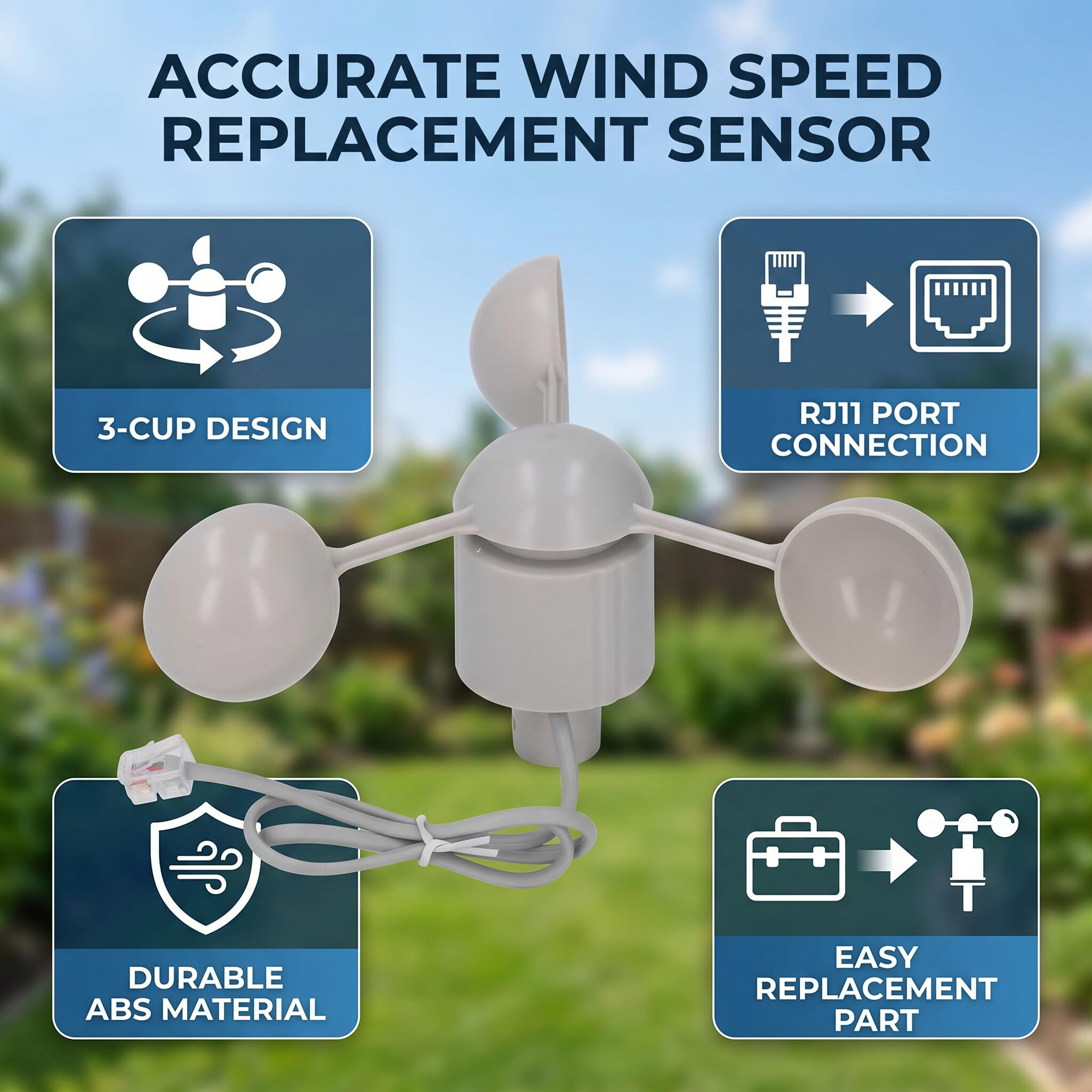 Windbecher, 3 Becher Windmessdetektor, Windgeschwindigkeitssensor-Anemometer mit RJ11-Anschluss, WH2081 Ersatzteil für Wetterstation Zum Testen der Windgeschwindigkeit