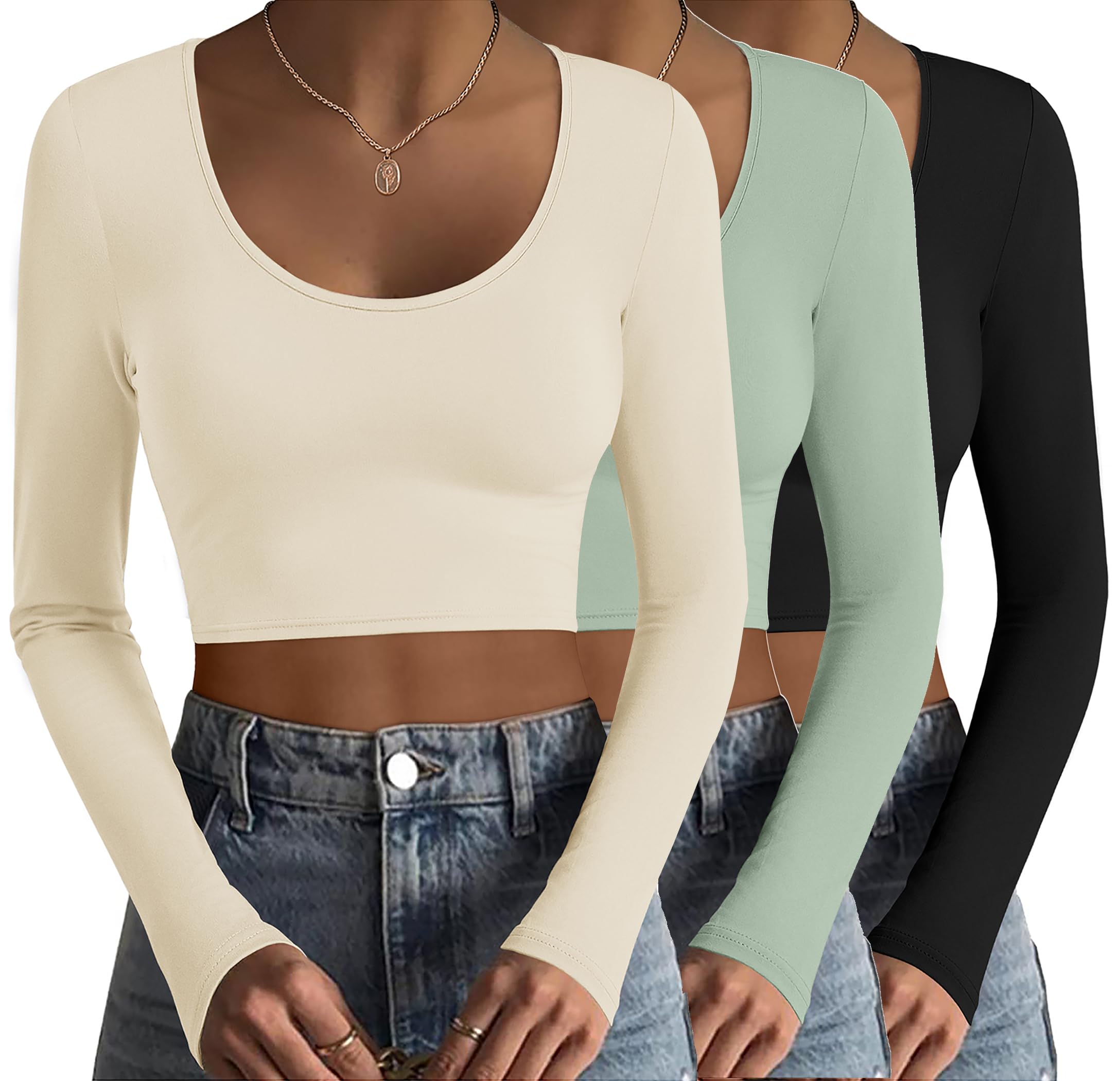 Ekouaer Long Sleeve Crop Tops for Women Scroop Neck Lightweight Basic Base Layer Thermal Undershirts Shirts