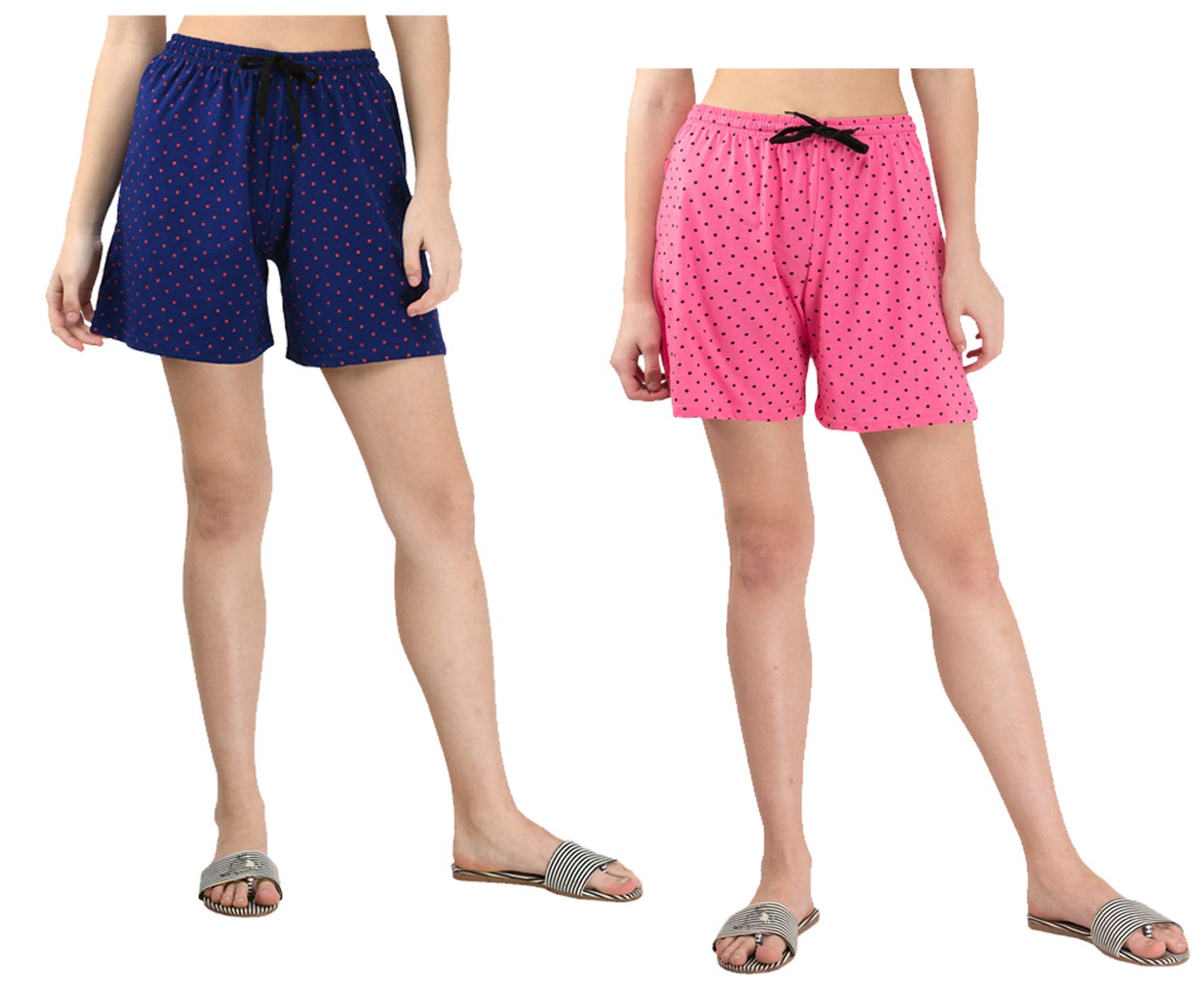 kayu Pack of 2 Women’s Polka Dot Printed Shorts with Drawstring Waist – Comfortable Casual Lounge Wear, Breathable Fabric, Stylish Summer Sleepwear Shorts for Women Pink, Blue-picture-42