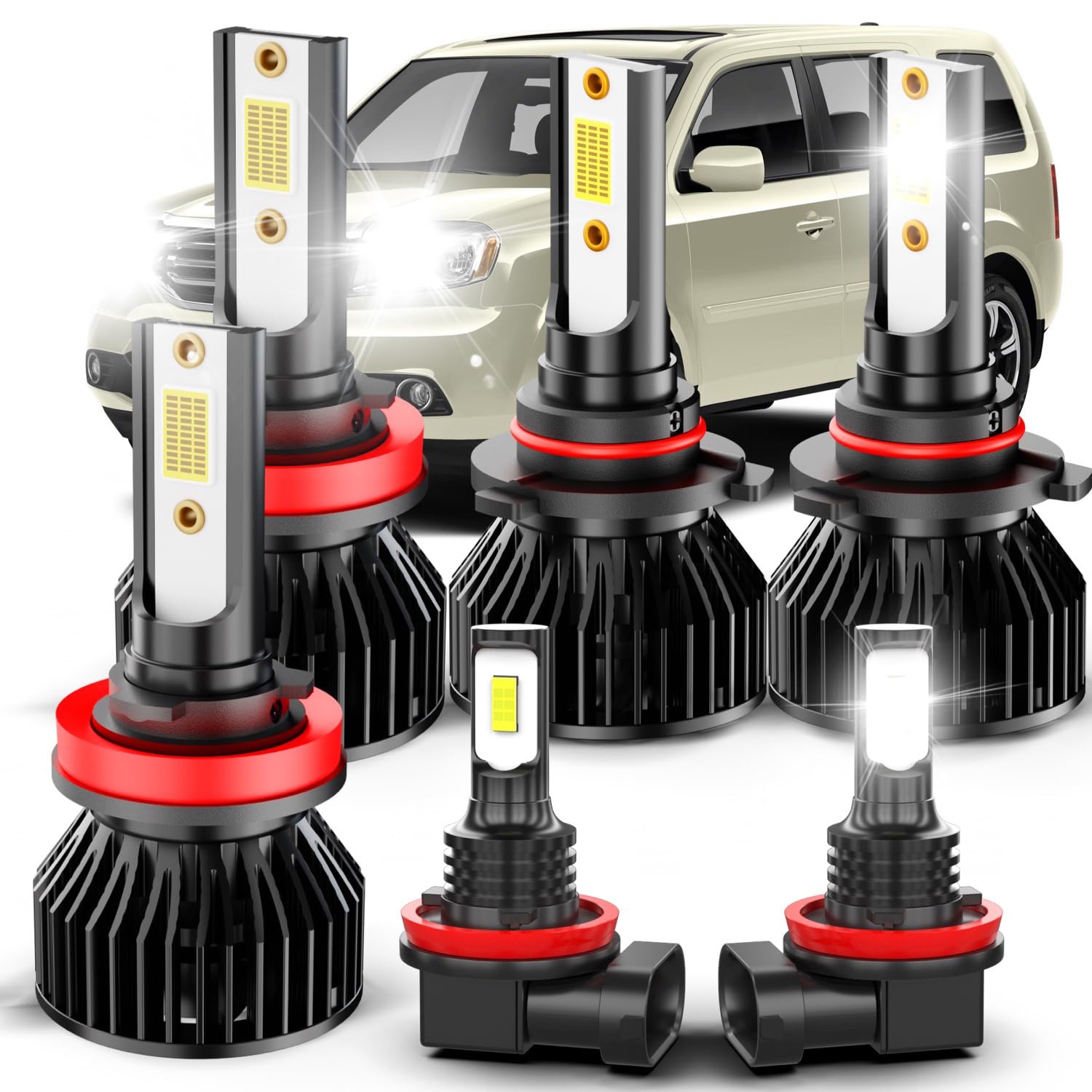 Fit For Honda Pilot (2006-2018) led Foglight bulbs, 9005+H11 High & Low Beam Bulbs+H11/H8 led fog light bulb,500% Brightness, 6000K Eye-Protection White,Plug and play, IP68,with Fan,No Errors, 6-Pack