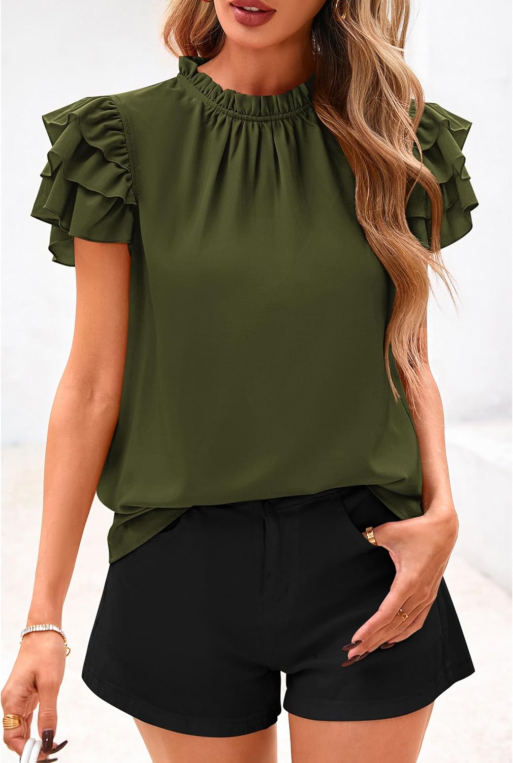 KIRUNDO Blouses for Women Dressy Casual 2026 Spring Summer Ruffle Short Sleeve Mock Neck Work Shirts Tops Fashion Clothing - Image 4