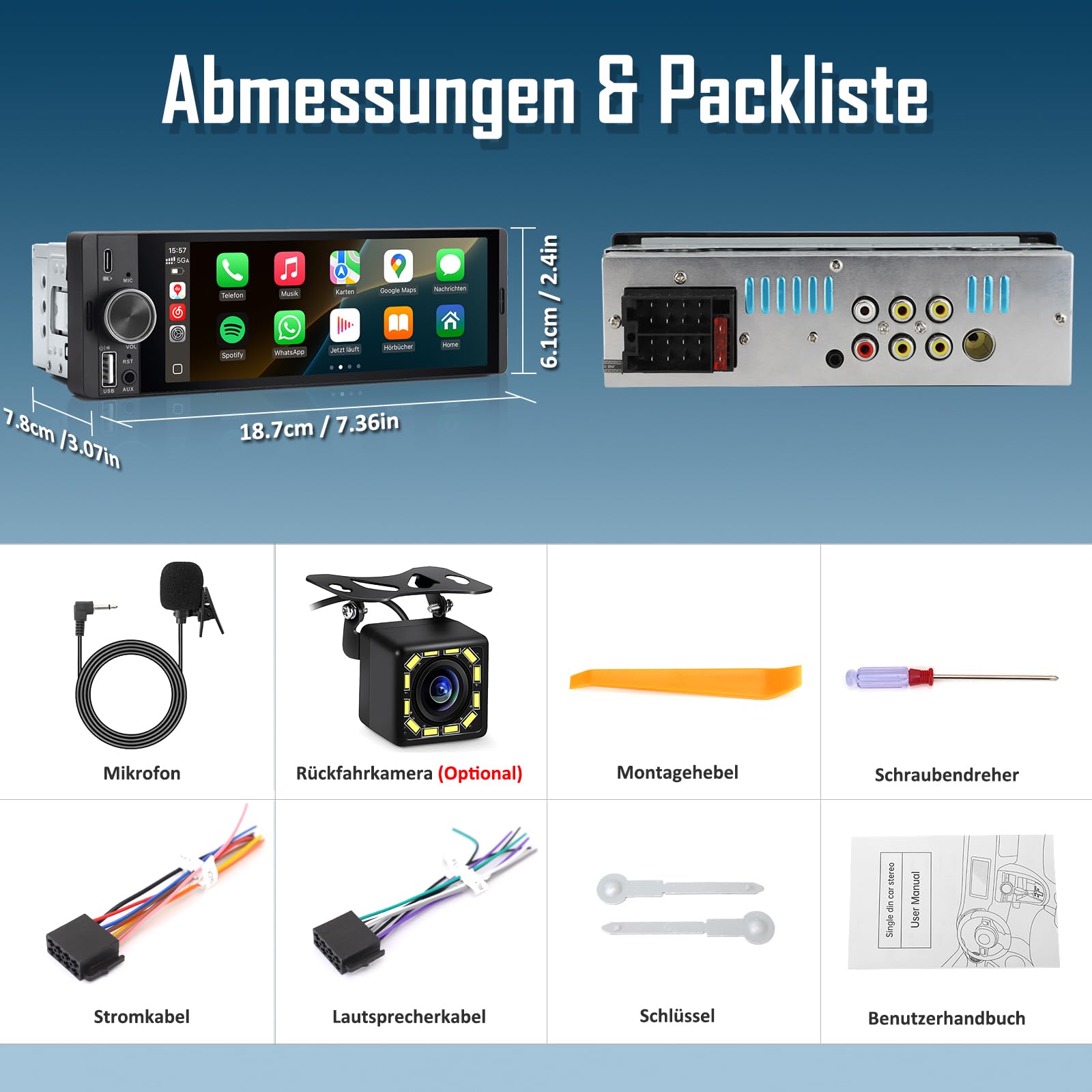 1 DIN Autoradio mit Wireless CarPlay & Android Auto, Auto Radio mit Bildschirm, GPS Navigation, FM, Bluetooth, Freisprecheinrichtung, Lenkradsteuerung, EQ, MirrorLink, AUX