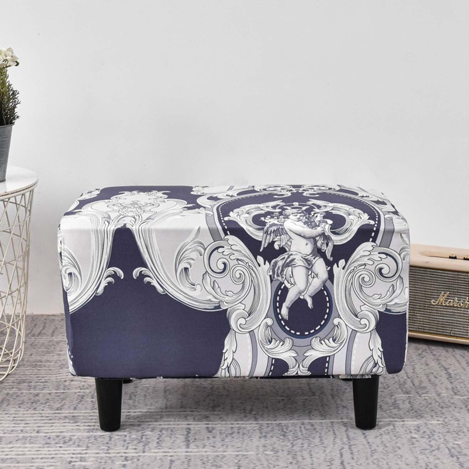 House of Quirk Chair Cover Stretch Ottoman Cover Rectangular Storage Ottoman Slipcover Footrest Stool Covers Ottoman Slipcovers for Foot Stool (Black/White Musk)