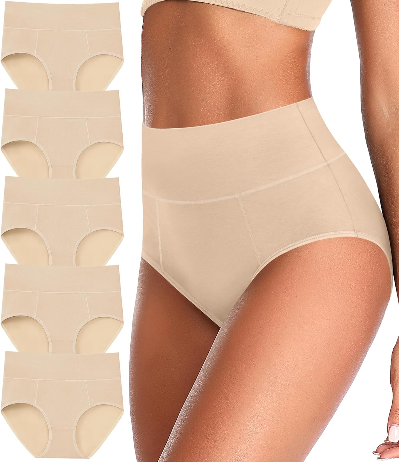ASIMOON Tummy Control High Waisted Underwear for Women Cotton Plus Size Full Coverage Panties Ladies Briefs XX-Large Beige-5 Pack