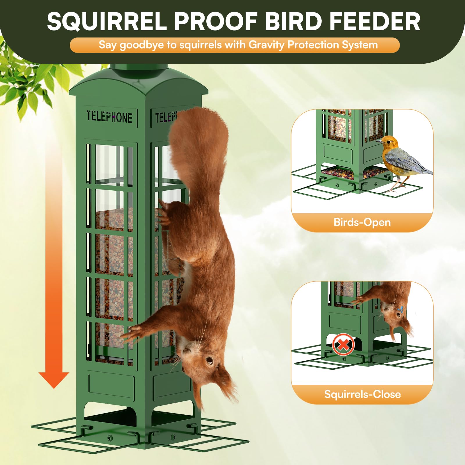 Eichhörnchensichere Vogelfutterstation mit gewichtsaktivierten Sitzstangen, Metall-Balkon-Vogelfutterspender zum Aufhängen im Freien, Netzfutter für Wildvögel, Samenfutterstation für draußen, Kardinal