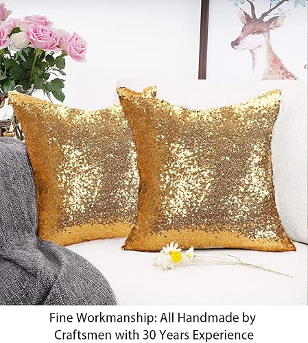 Miniatura 4 de ShinyBeauty Juego de 2 fundas de almohada de lentejuelas de 24 x 24 pulgadas, fundas de almohada de lentejuelas doradas claras, fundas de almohada