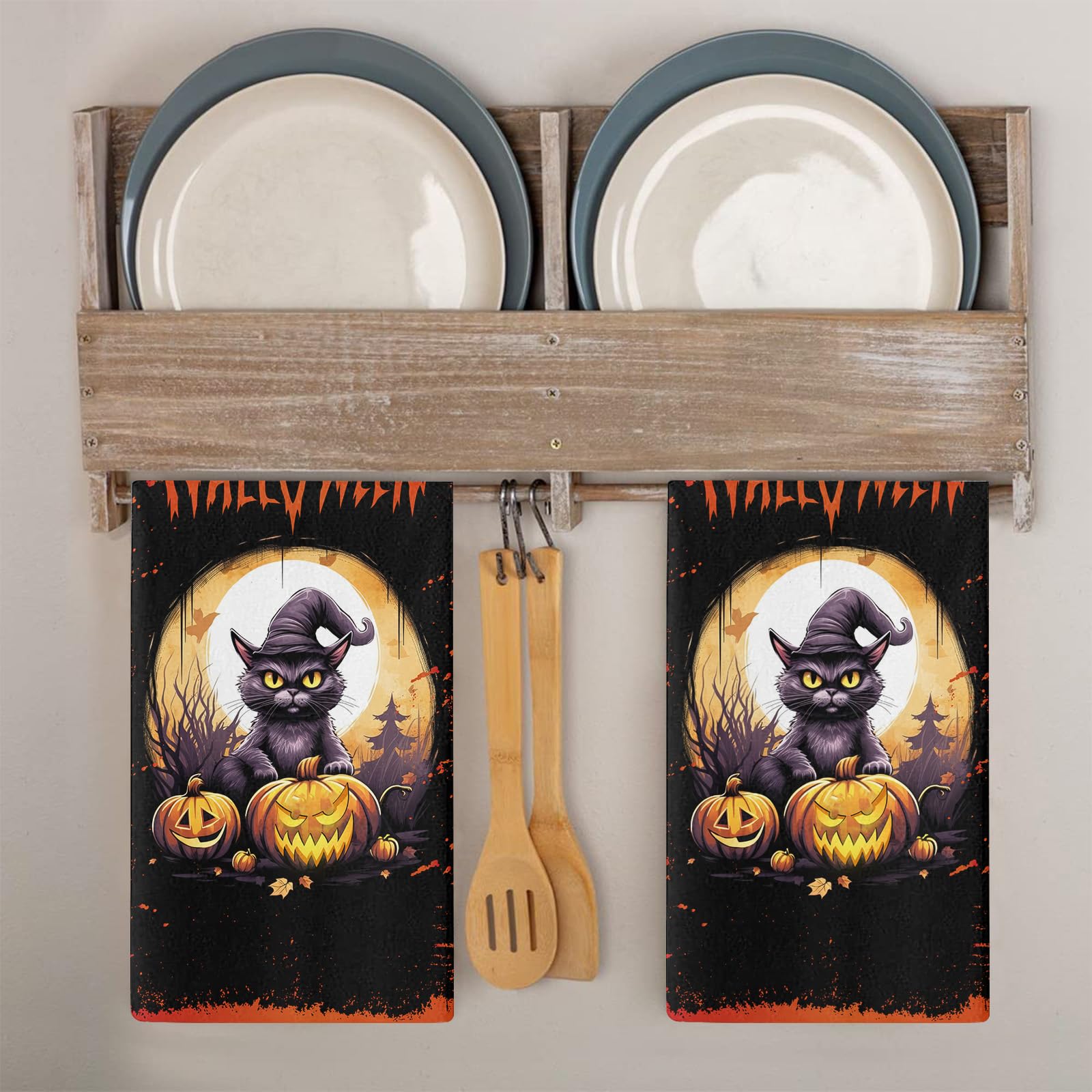 Trapos Cocina Gato Calabaza Negra Paños de Cocina Microfibra Paños Cocina Suaves Lavable Toallas Reutilizables Absorbentes Baño Pañuelo de Mano Trapos de Cocina 2 Piezas (44x74 cm)
