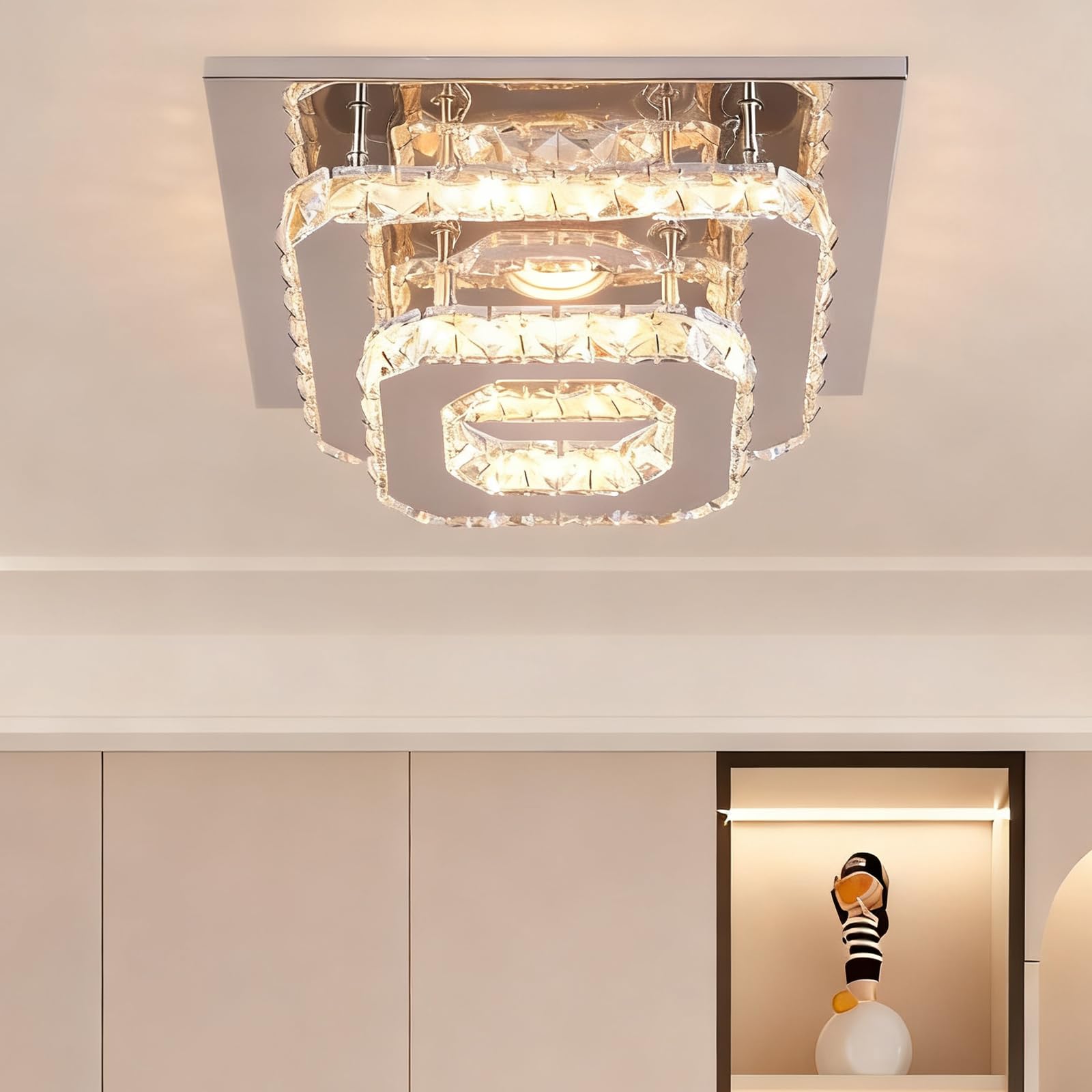 Finktonglan Crystal Ceiling Light, Mini LED Chandelier Modern Flush Mount Lights Fixture Stainless Steel Square Chandelier Ceiling Light for Bedrooms(Warm White)