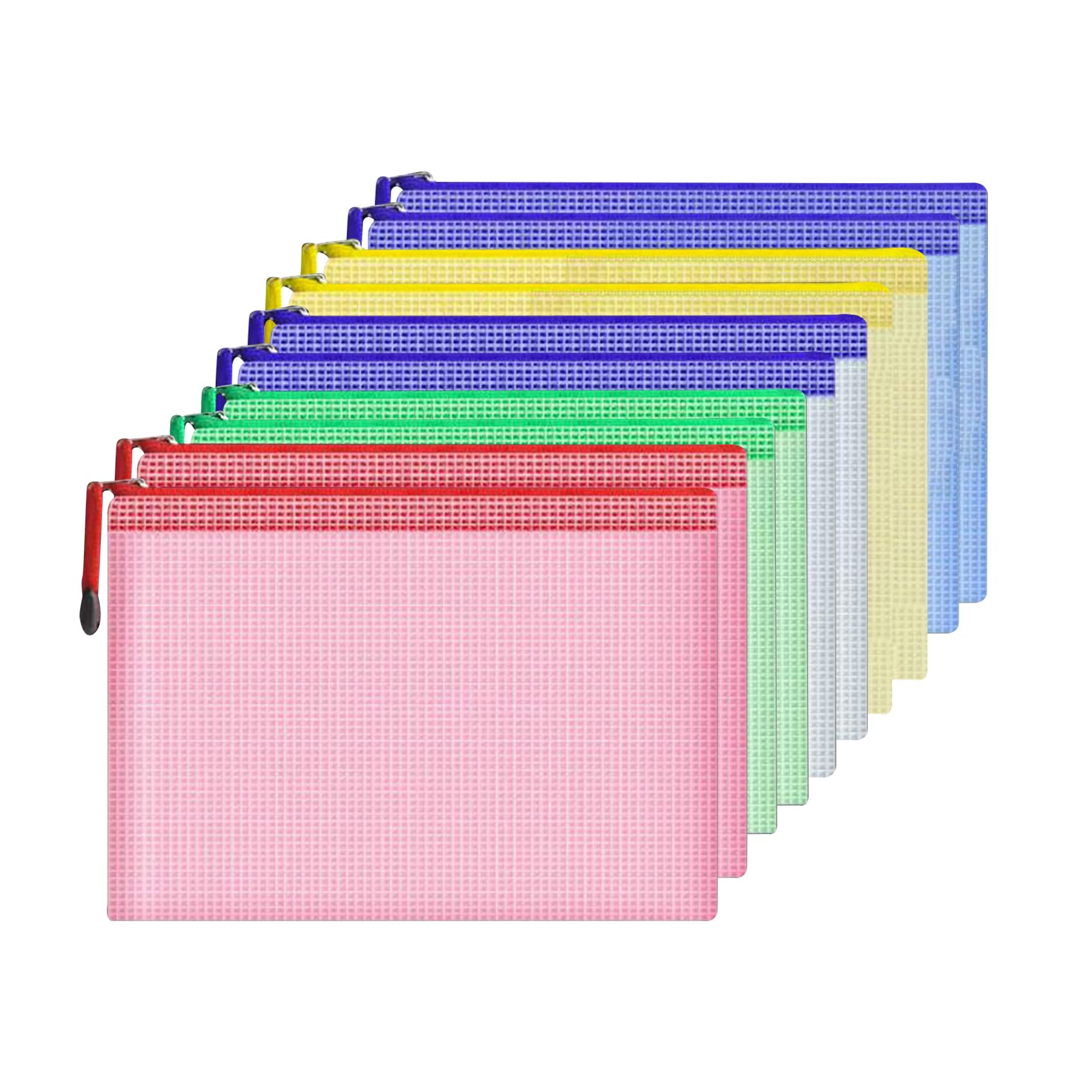 Mesh Document Bag Set of 10, Waterproof Zipper Pouch / A4 Size Zip File, for Household Daily Storage School Office M-D-2B (Multi-Colored, A4 (13.5Γ9.5 Inch))