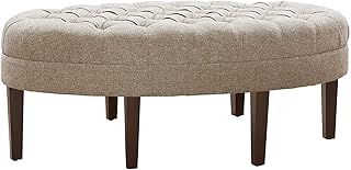 Madison Park Martin Oval Surfboard Tufted Cocktail Ottoman Soft Fabric, All Foam, Wood Frame Modern Coffee Table Living Room Lounge Furniture, Linen, 48"W x 27.5"D x 18"H