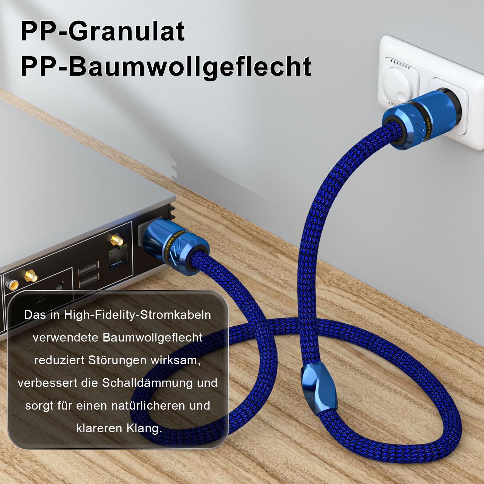 Monosaudio D517 - Cable de alimentación de alta fidelidad, cable de alimentación audiófilo de 2 m con conductor de cobre de cristal único OCC, C15 con enchufe europeo Schuko y IEC para DVD