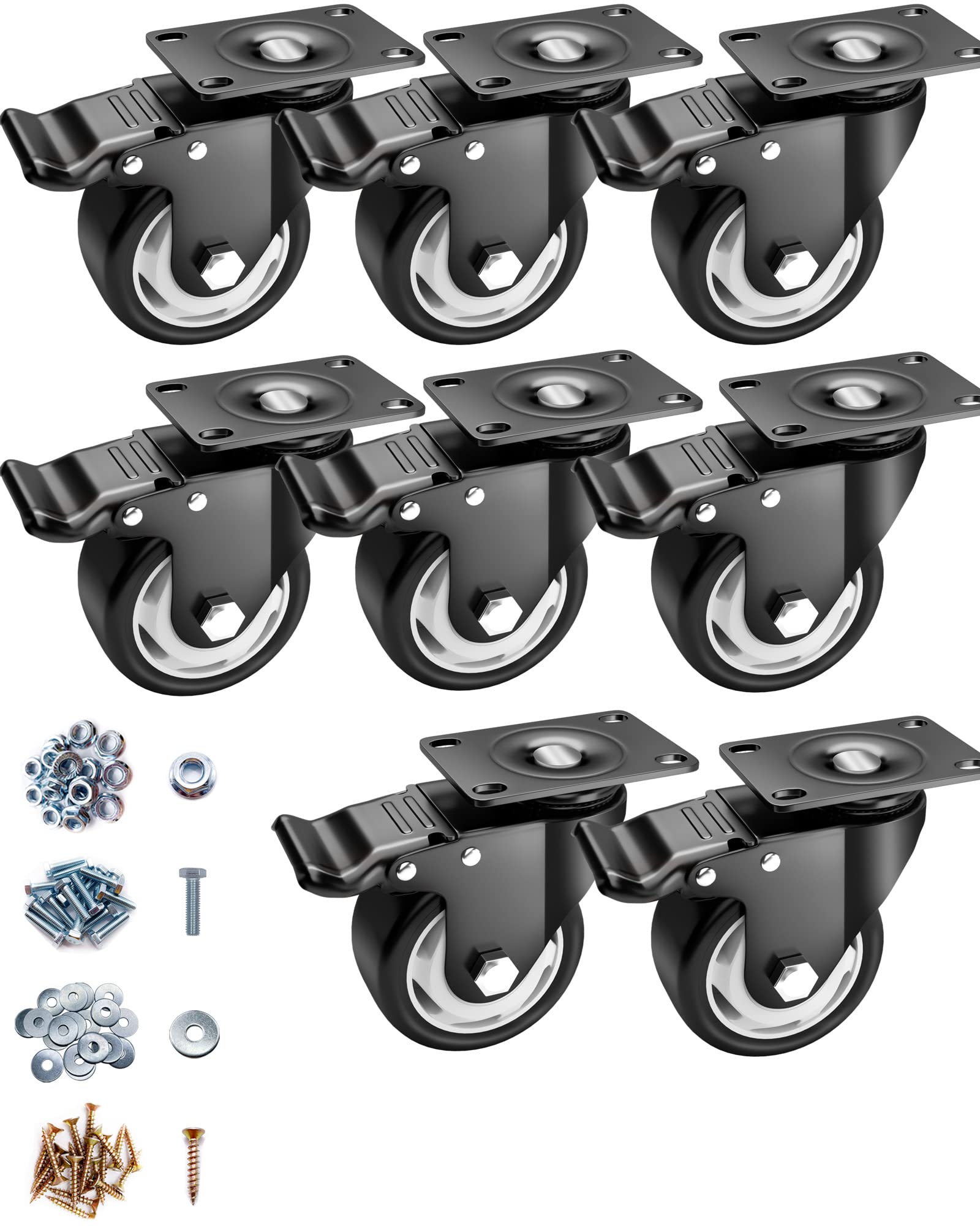 ASRINIEY 3" Caster Wheels Set of 8 Heavy Duty - Black Polyurethane Top Plate Swivel Wheels With Brake, 8-Pack Industrial Casters for Furniture and Workbench — image 1