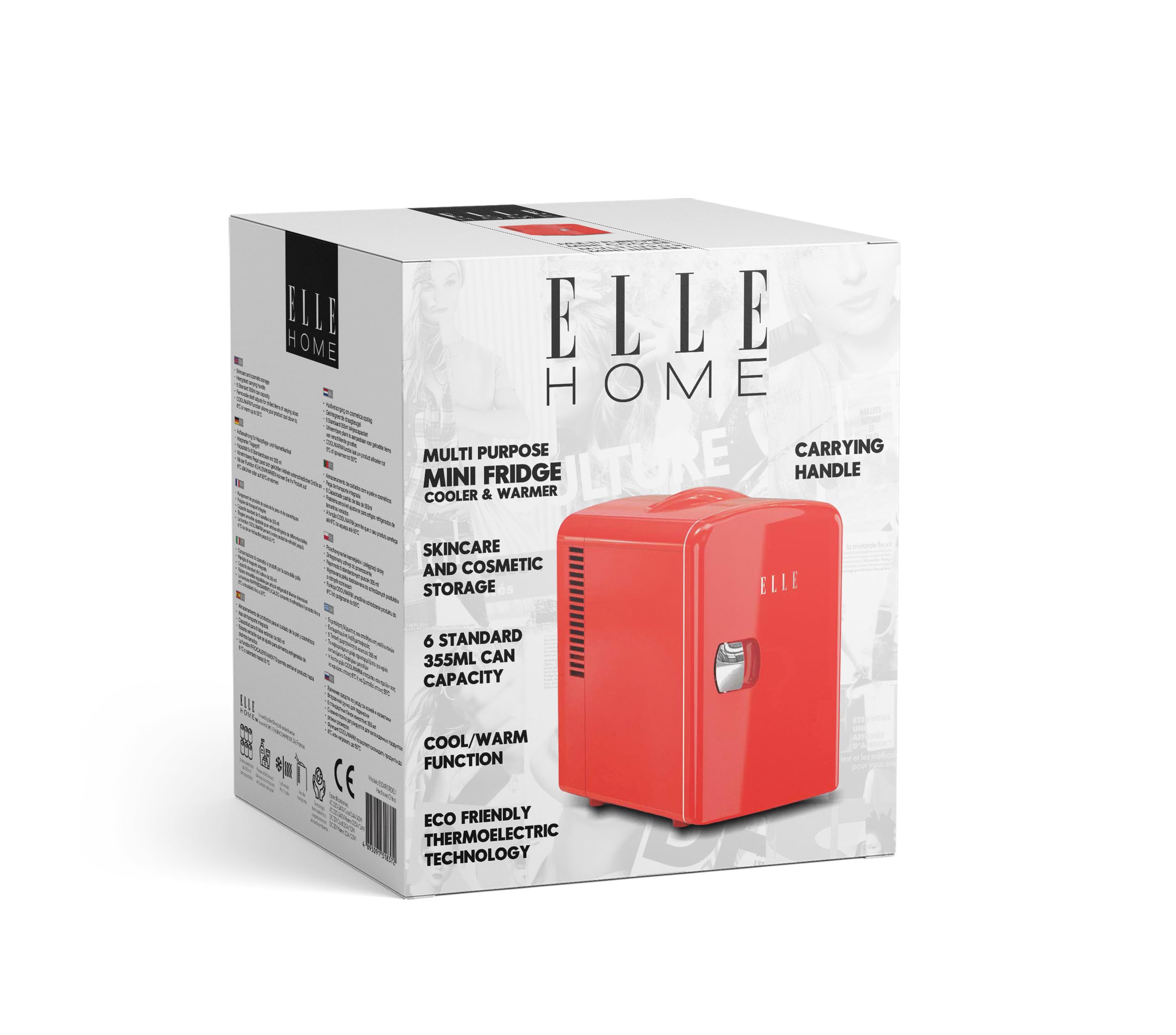 ELLE Mini-Kühlschrank, 4 l, vielseitig einsetzbar, warm & kalt, für Skincare, Pflege, Kosmetik, Getränke und Snacks, Kapazität 6 Dosen, abnehmbares Regal, Tragegriff – Rot