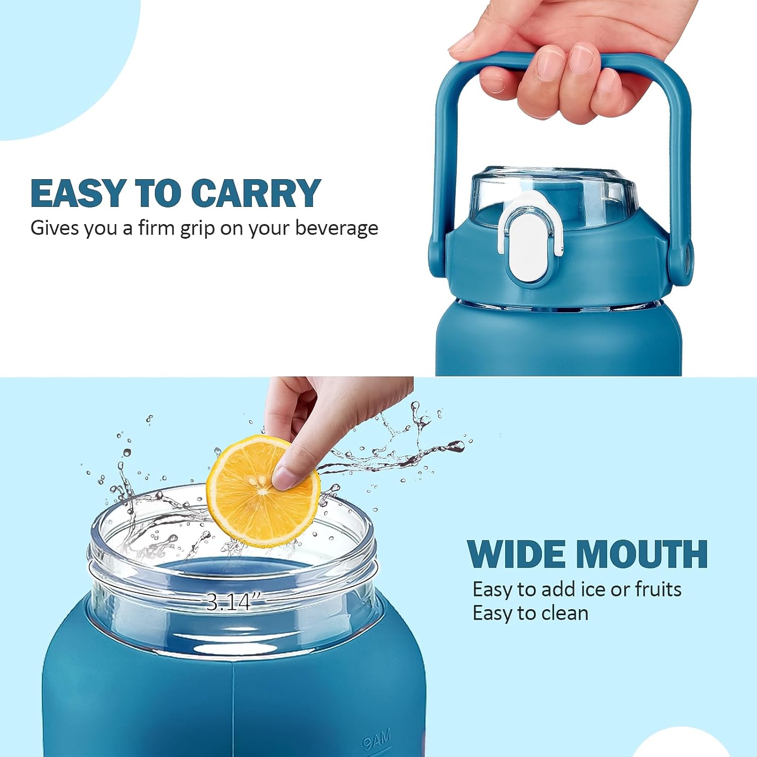 kytffu 64oz Glass Water Bottles with Straw, Half Gallon Motivational Glass Bottle with Silicone Sleeve and Time Marker, 2L Leakproof Large Glass Water Jug for Gym Home Office,Iron Blue - Image 4