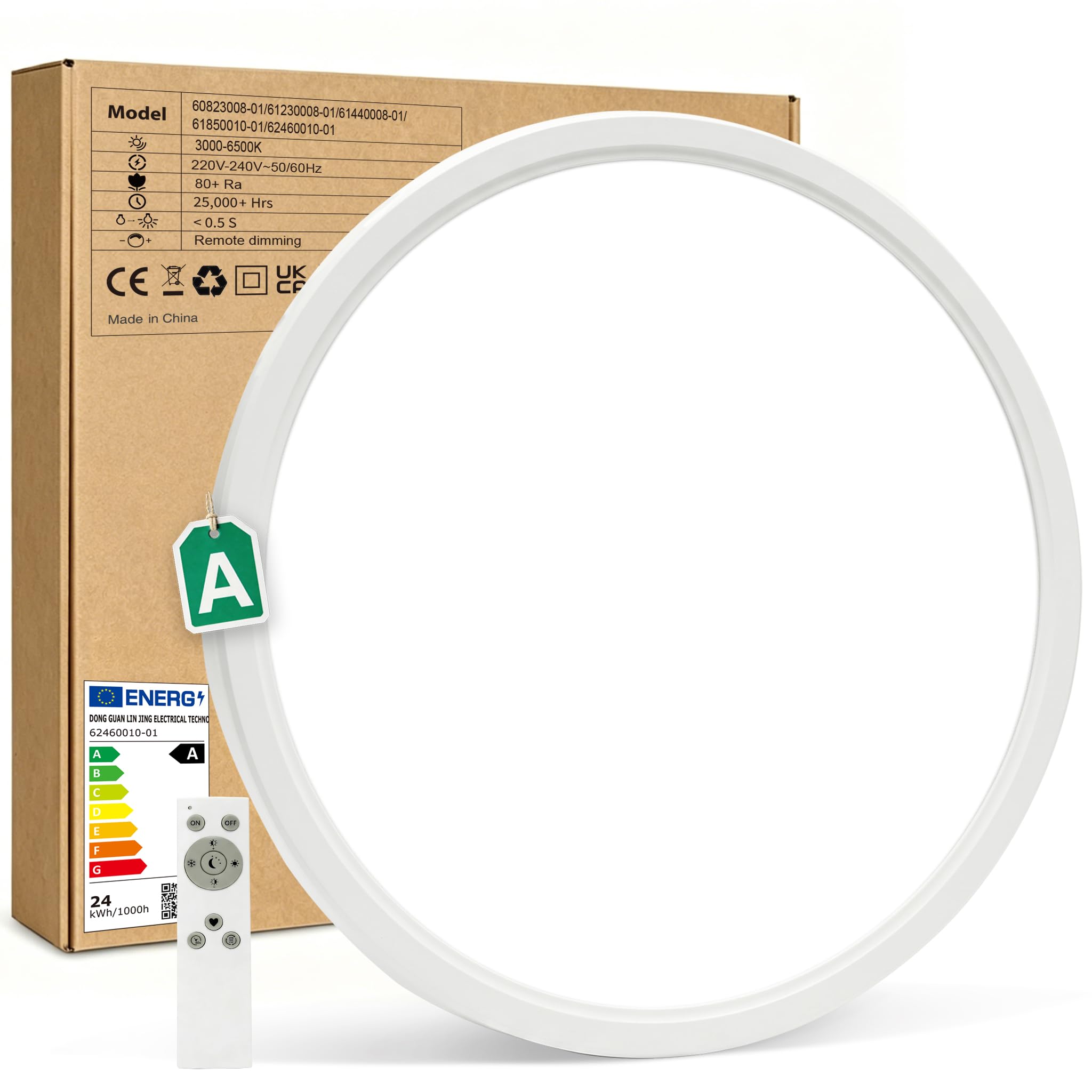 Bowfar LED Deckenleuchte Effizienzklasse A, 24W 5280LM Deckenlampe Dimmbar | Deckenleuchte Flach mit Fernbedienung, 3000K-6500K, IP54 Wasserfest Badezimmer Lampe für Wohnzimmer Schlafzimmer Küche Ø60CM