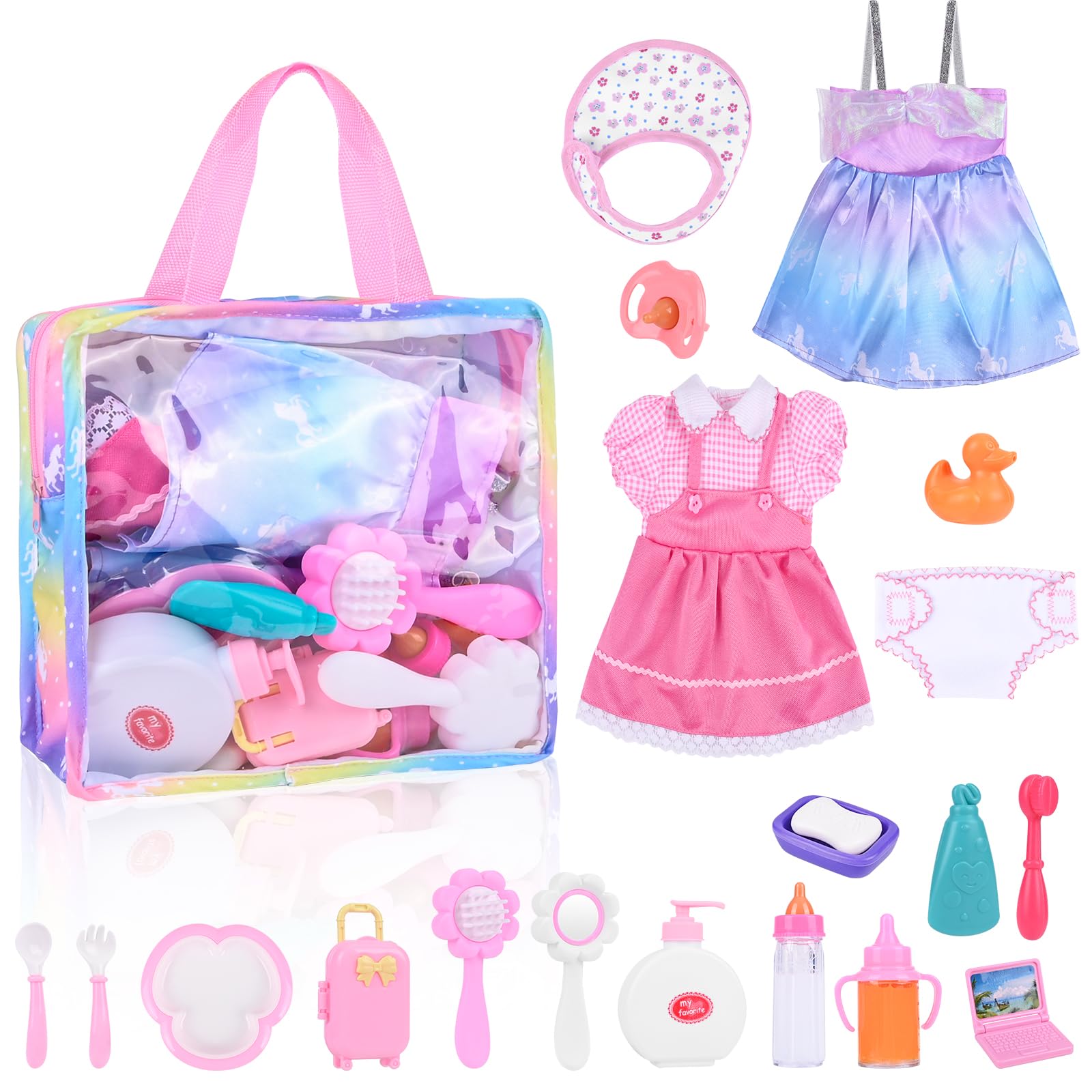 Gerbala Accessori per Bambole, 22 Pcs Set di Alimentazione e Cura per Bambole con Biberon e Pannolini per Ragazze, Biberon Magico per Bambini e Ciucci, Set di Piatti e Posate Idee Regalo