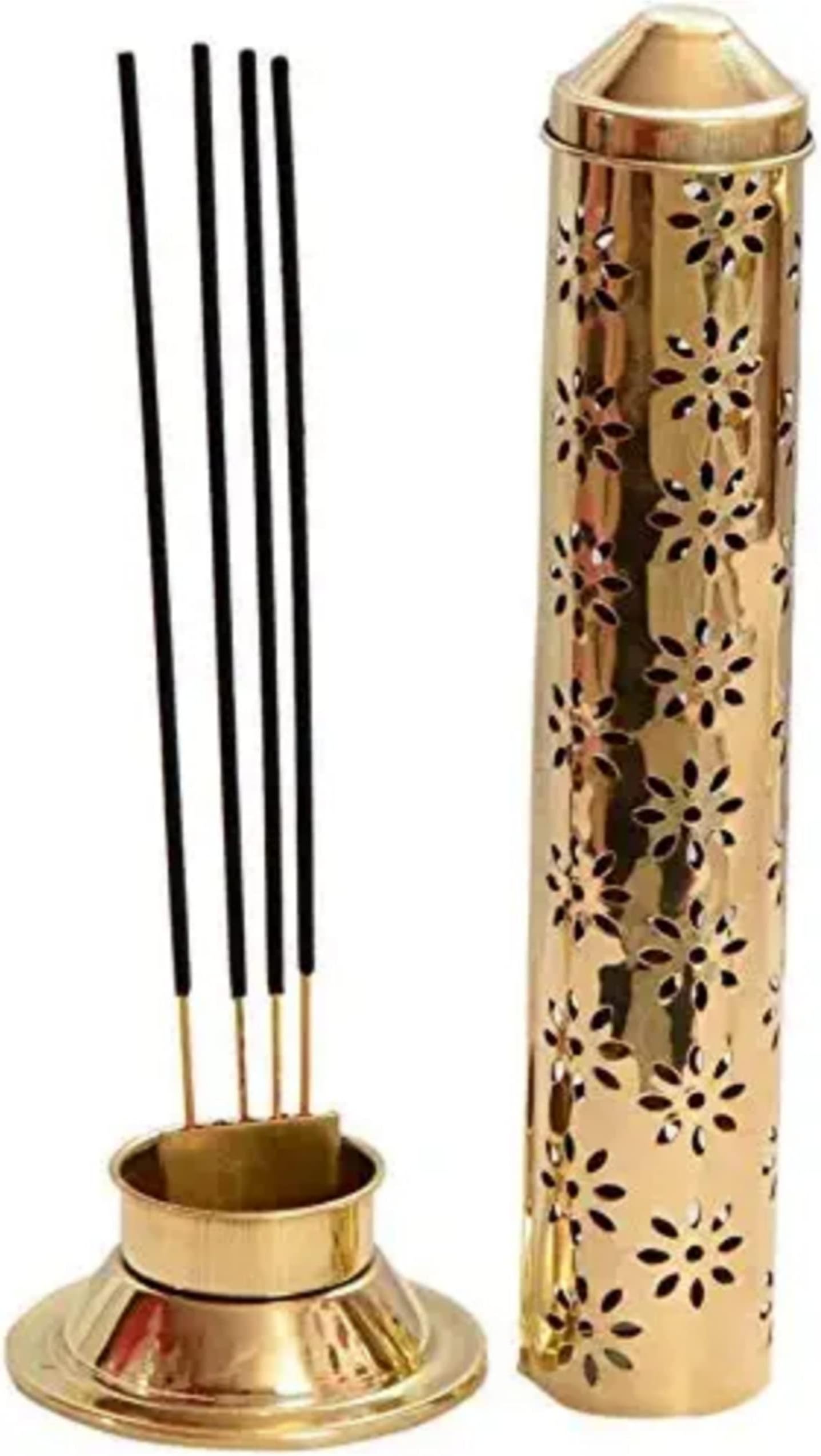 PALMARYPure Brass Agarbatti Incense Stick Stand/Holder with Dust & Burn Safety Ash Catcher for Mandir Pooja Agardan Worship Divine, Home & Office Decoration. (Floral Design)