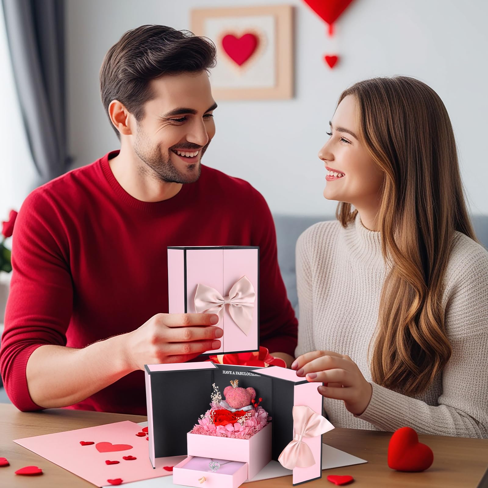 Rosa Eterna con Oso de Musgo,Rosa Eterna Natural Preservada con Collar Regalos Originales para Mujer Mama Novia Caja Regalo San Valentin,Dia de la Madre,Aniversario,Cumpleaños,Navidad