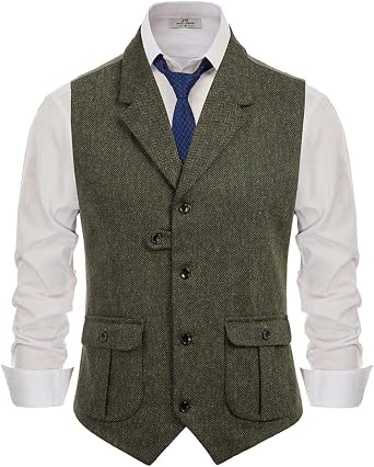 PJ PAUL JONES Mens Western Herringbone Suit Vest Tweed Wool Blend Slim Fit Waistcoat