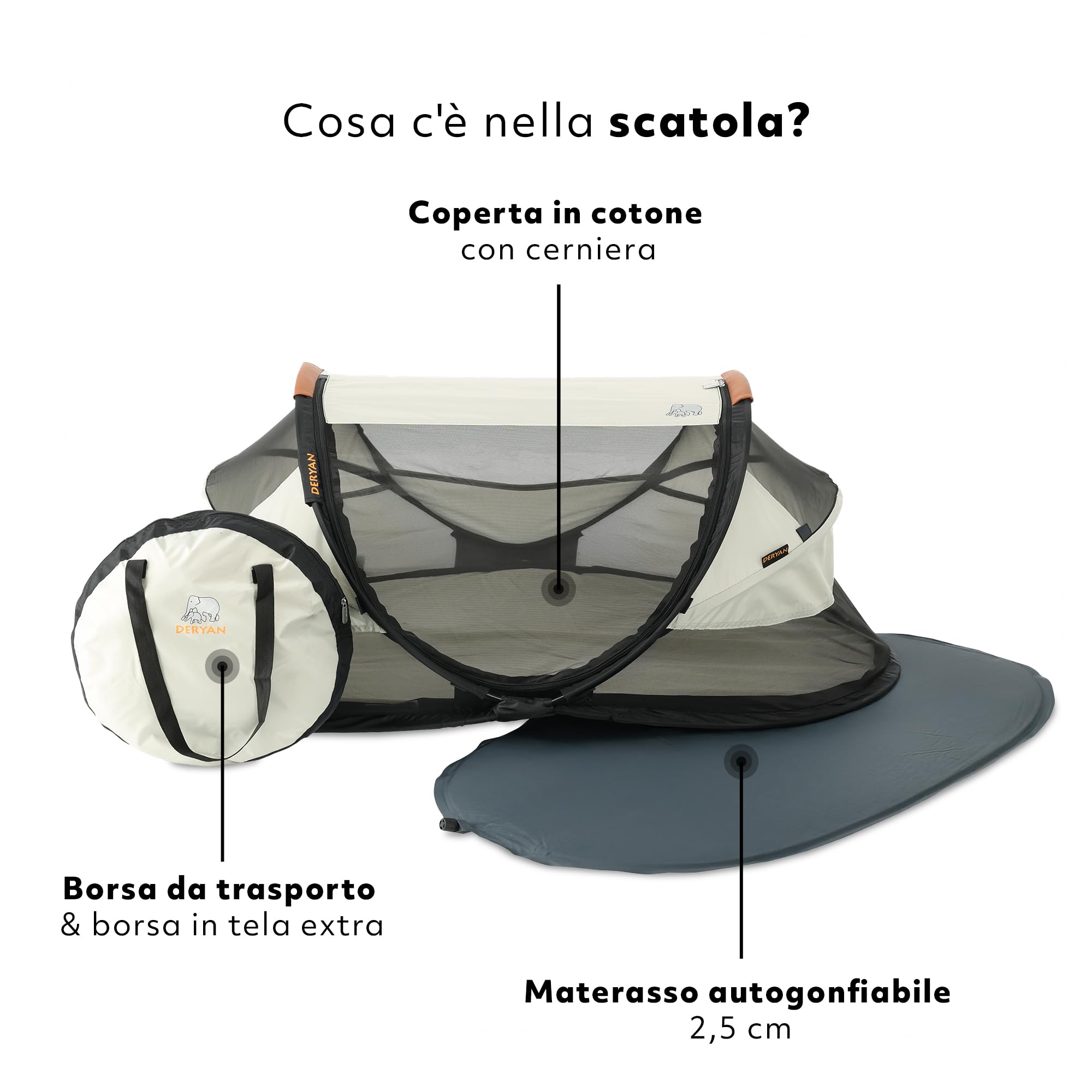 Deryan Lettino neonato da viaggio pieghevole con materasso, 0-2.5 anni, Lettino da campeggio, Le pareti realizzate in rete, Letto Pieghevole 120x75cm, Borsa da Trasporto, Protezione Insetti, Avorio