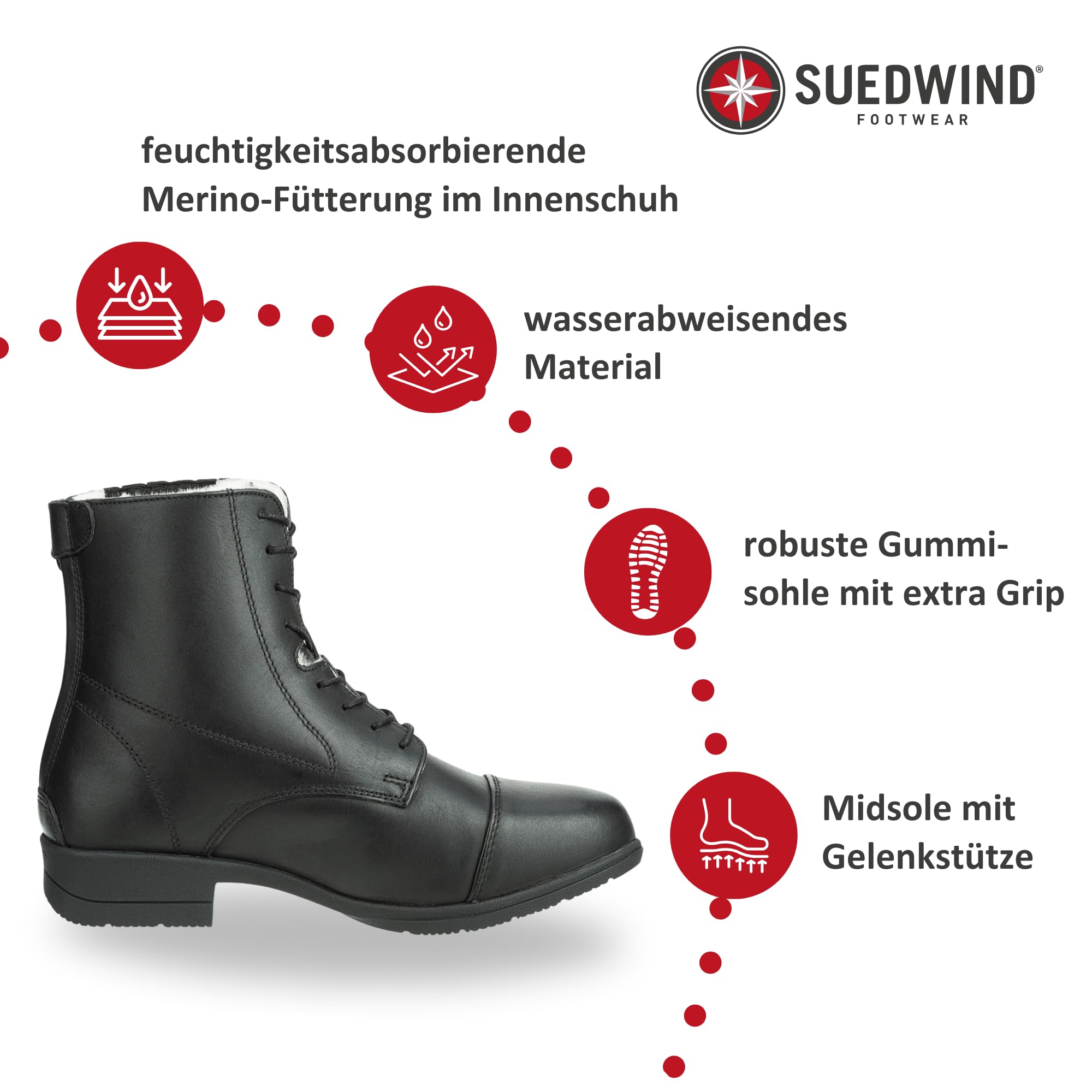 SUEDWIND© Stiefelette »ICELOCK MERINO BZ LACE« mit Reißverschluss | Winter Boots | Echt-Leder | Reitschuh mit MERINO | Icelock© Sohle | Wasserabweisend | Tolle Passform | Gr. 37-43 | Schwarz, Braun