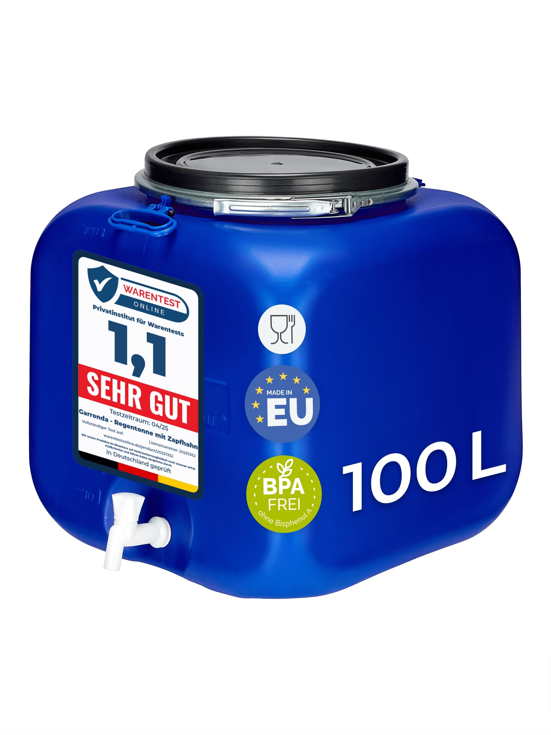Garronda 100 Liter Regentonne Fass Behälter mit Deckel Auslaufhahn Weithalsfass quadratisch Wassertank Regenfass für Garten Sauerkrautfass Pökelfass für Fleisch Weinfass Surfass GD-0089 Blau
