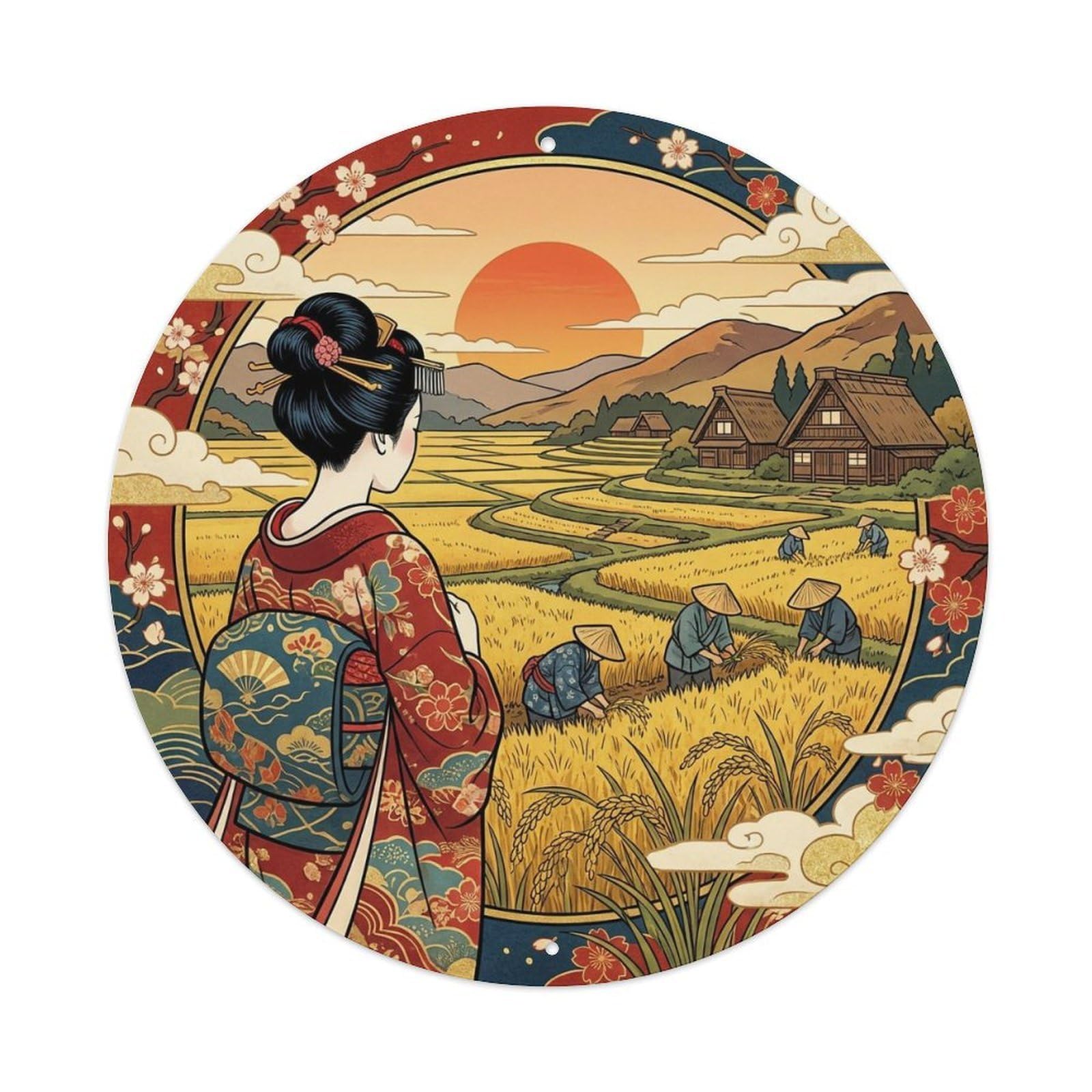 Yrnq 8X8inch Vintage Style Japanese Geisha Harvest Rice Field Golden Observing Metal Tin Sign