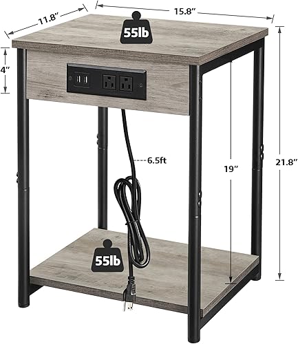 Miniatura 30 de TUTOTAK Mesita de noche con estación de carga, juego de 2, mesa auxiliar, mesa auxiliar con USB, mesita de noche de 21.8 pulgadas de alto con