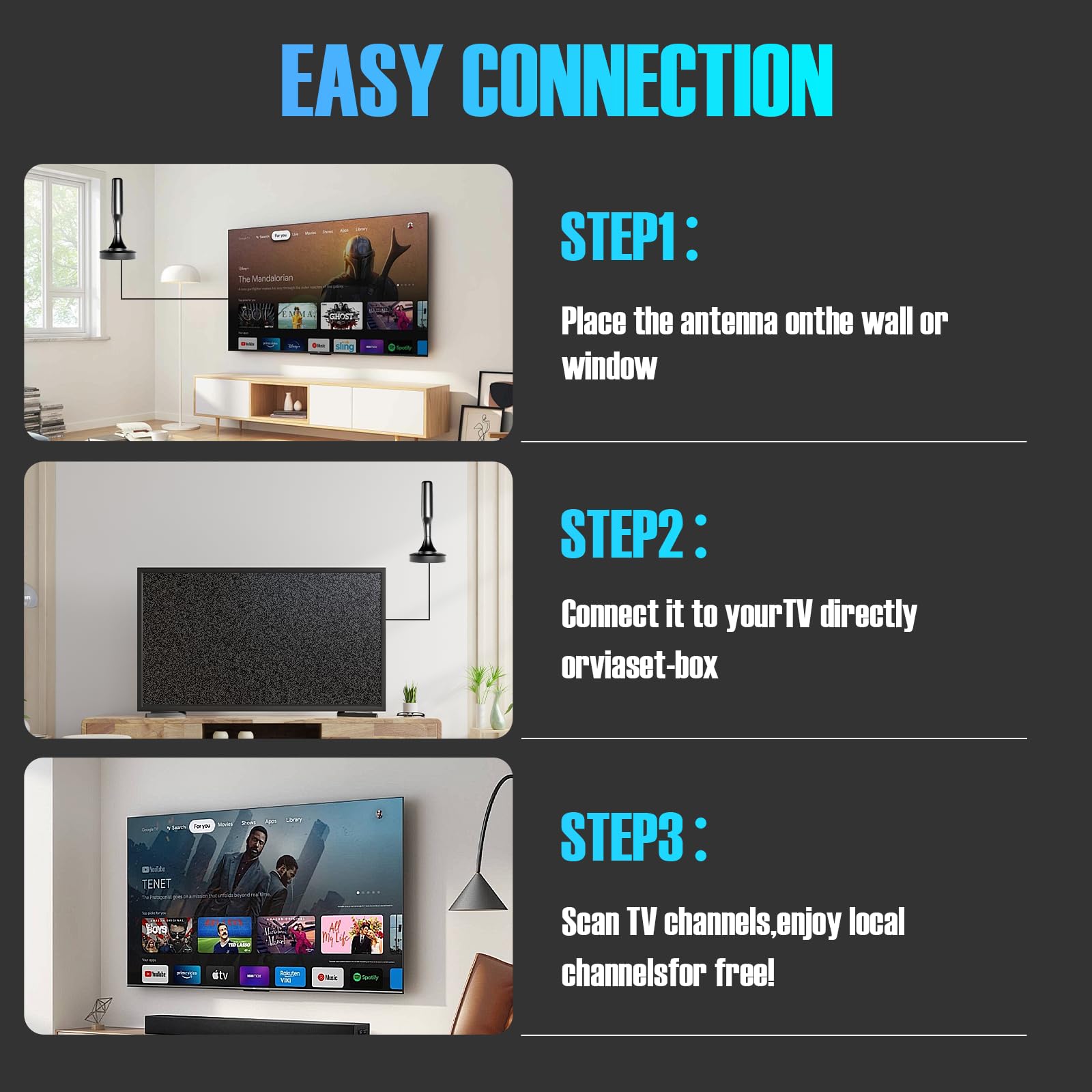TV Antenna for Smart TV Indoor, TV Antenna for Local Channels,Digital Antenna for Smart tv Indoor,Easy Installation,Long Range HD TV Antenna,Support All TV-15 FT Coax HDTV Cable-Black — view 4