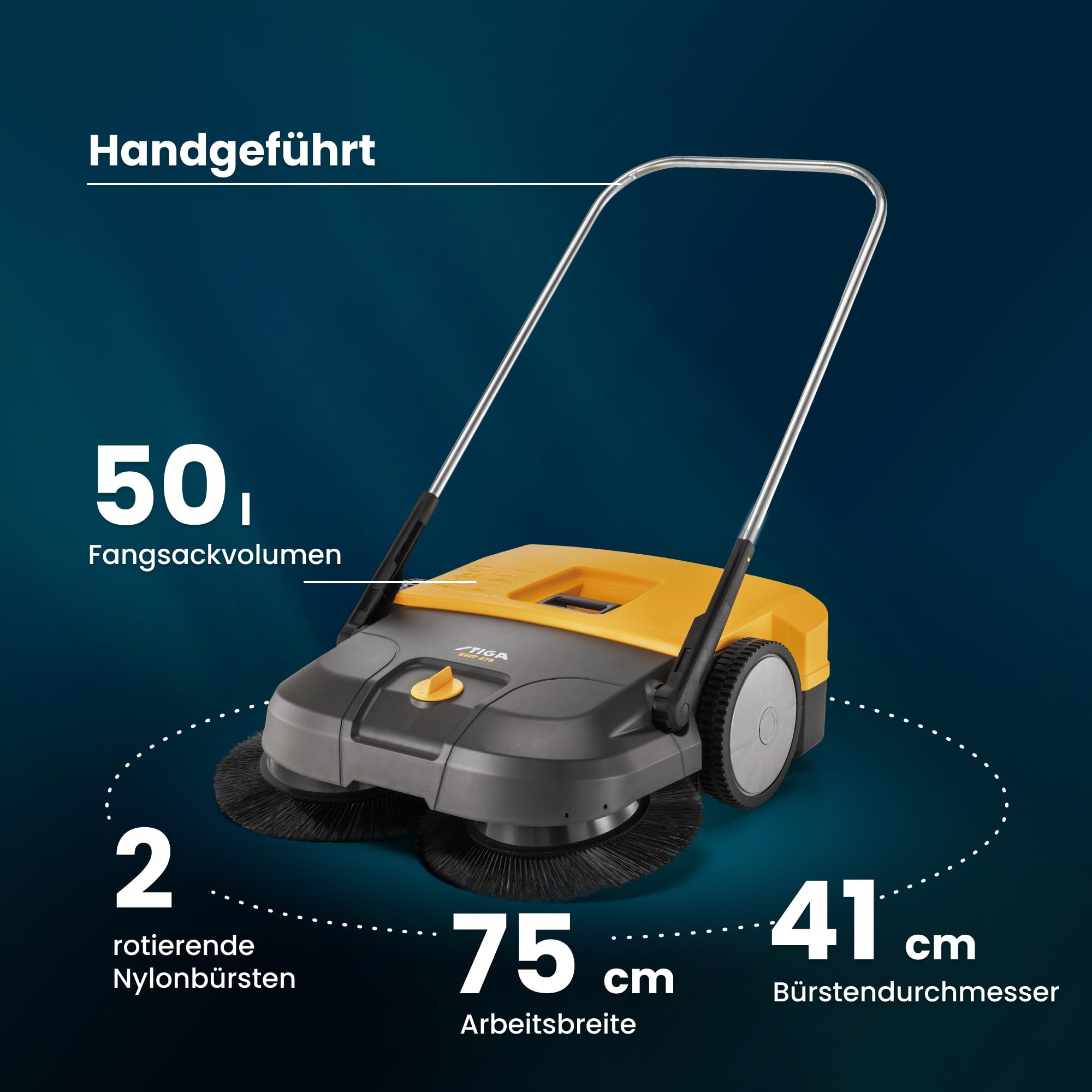 STIGA SWP 475 Handkehrmaschine, 75 cm, 50 l – Zwei Gegenläufige Rotationsbürsten, 8-Stufen Höhenverstellung – Flächen bis 2.900 m²