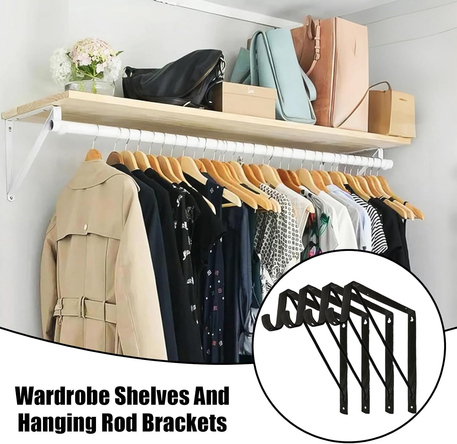 Stainless Steel Rod Bracket, Triangular Closet Bracket, 6 Inch Rod with Heavy Duty Support, Metal Shelf Pole with Secure Mount, Closet Organizer with Sleek Finish, Wardrobe for Home and Bedroom