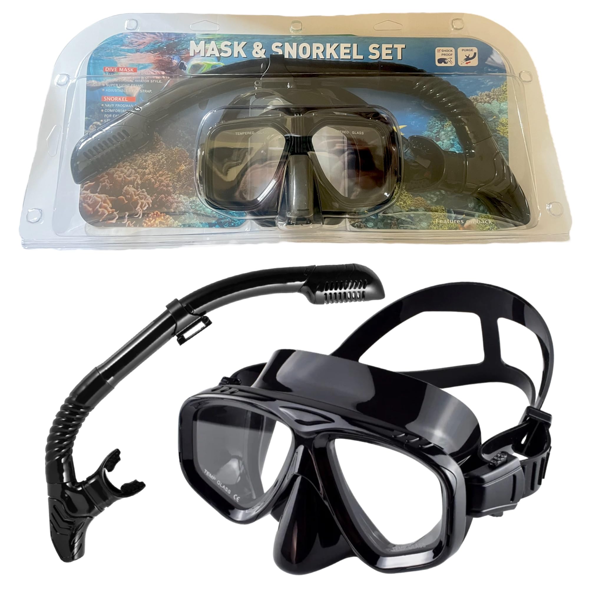 Mask & Snorkel Set, Tempered Glass Swimming Diving Goggles, Adjustable Head Strap Anti-Fog Snorkeling Package - Image 2