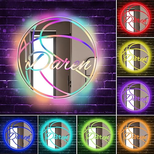Letrero de espejo de fútbol con nombre personalizado, luz LED, espejo de baloncesto personalizado, luces de neón, arte de pared para decoración de