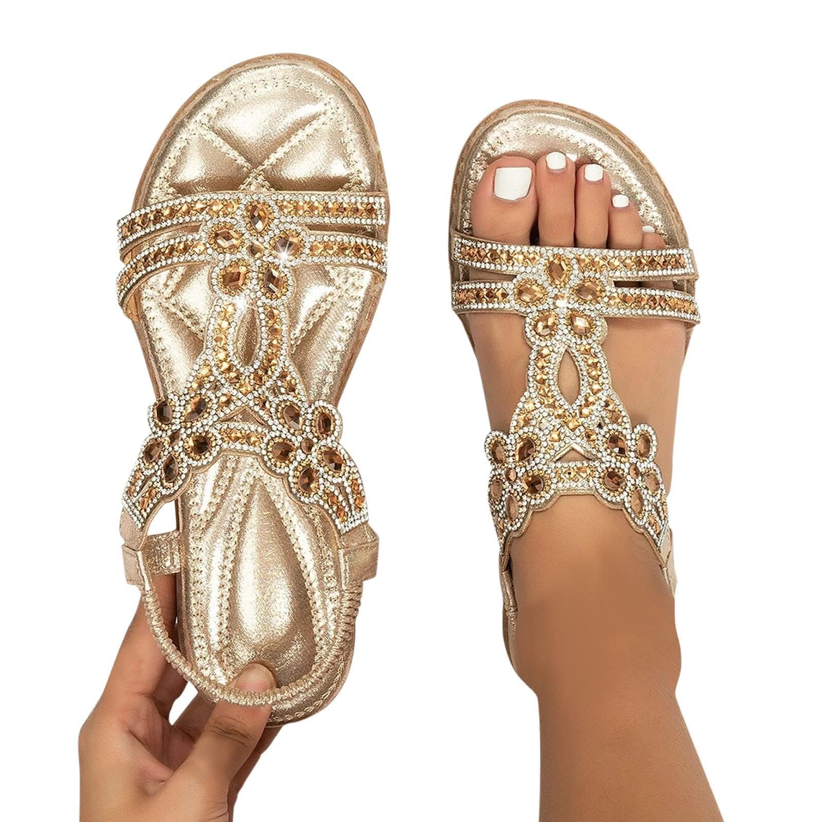 ZKXYFFS Women's Rhinestone Beaded Flat Sandals Summer T-Strap Elastic Ankle Strap Flower Beach Shoes Walking Orthopedic Slip-on Sandal