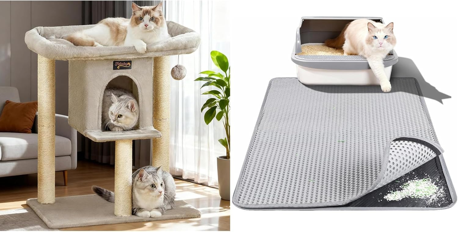 Small Cat Tree Tower for Indoor Large Cats, Cat Scratching Post with Big Perch Bed,Cat Litter Mat for Small Cats, Double Layer Honeycomb Cat Litter Trapping Mat