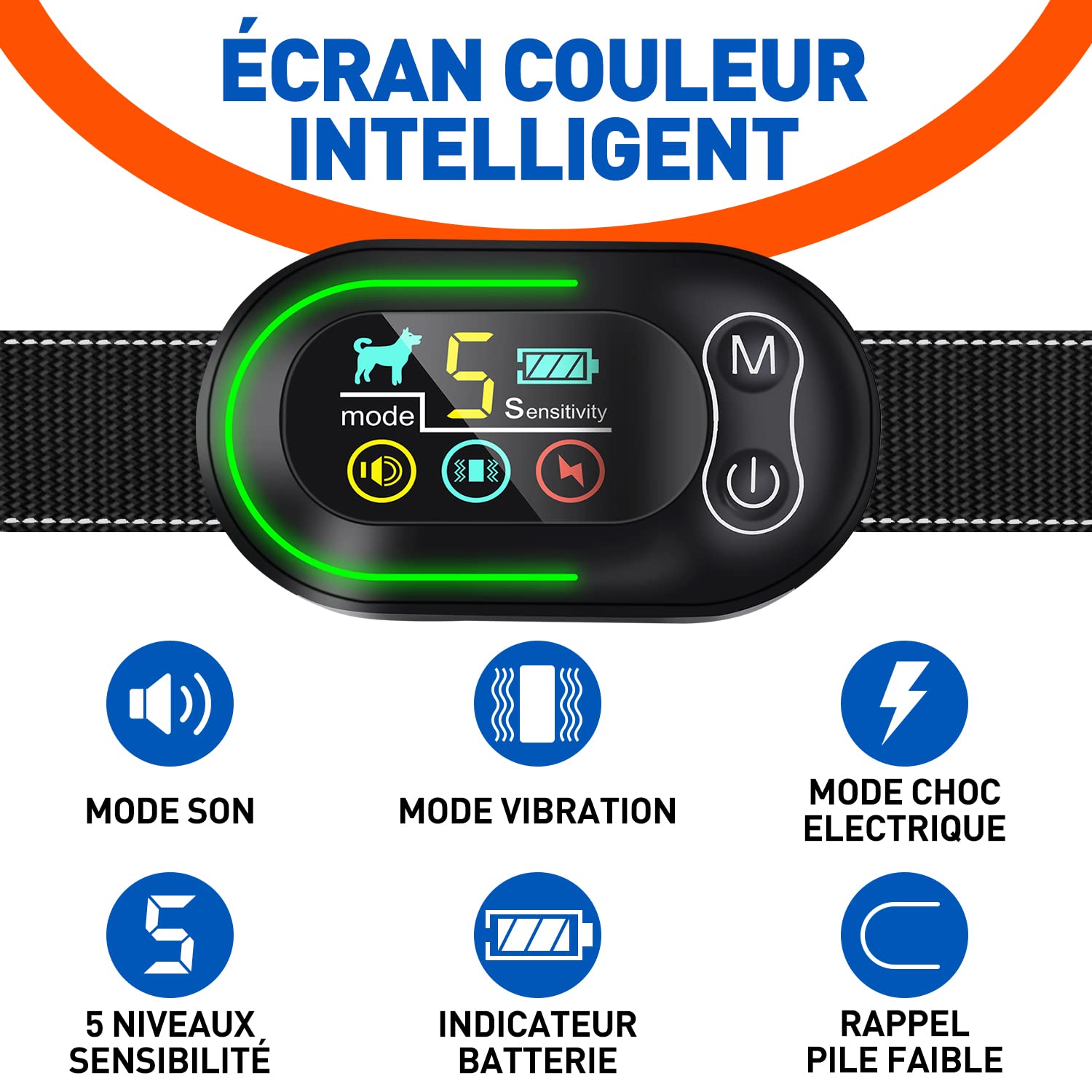Collier Anti Aboiement Chien Rechargeable, Anti Aboiement Collier Dressage avec 4 Modes Son/Vibration/Choc Electrique, Réglable 5 Niveaux de Sensibilité, Étanche IP67 pour Petit Moyen Grand Chiens