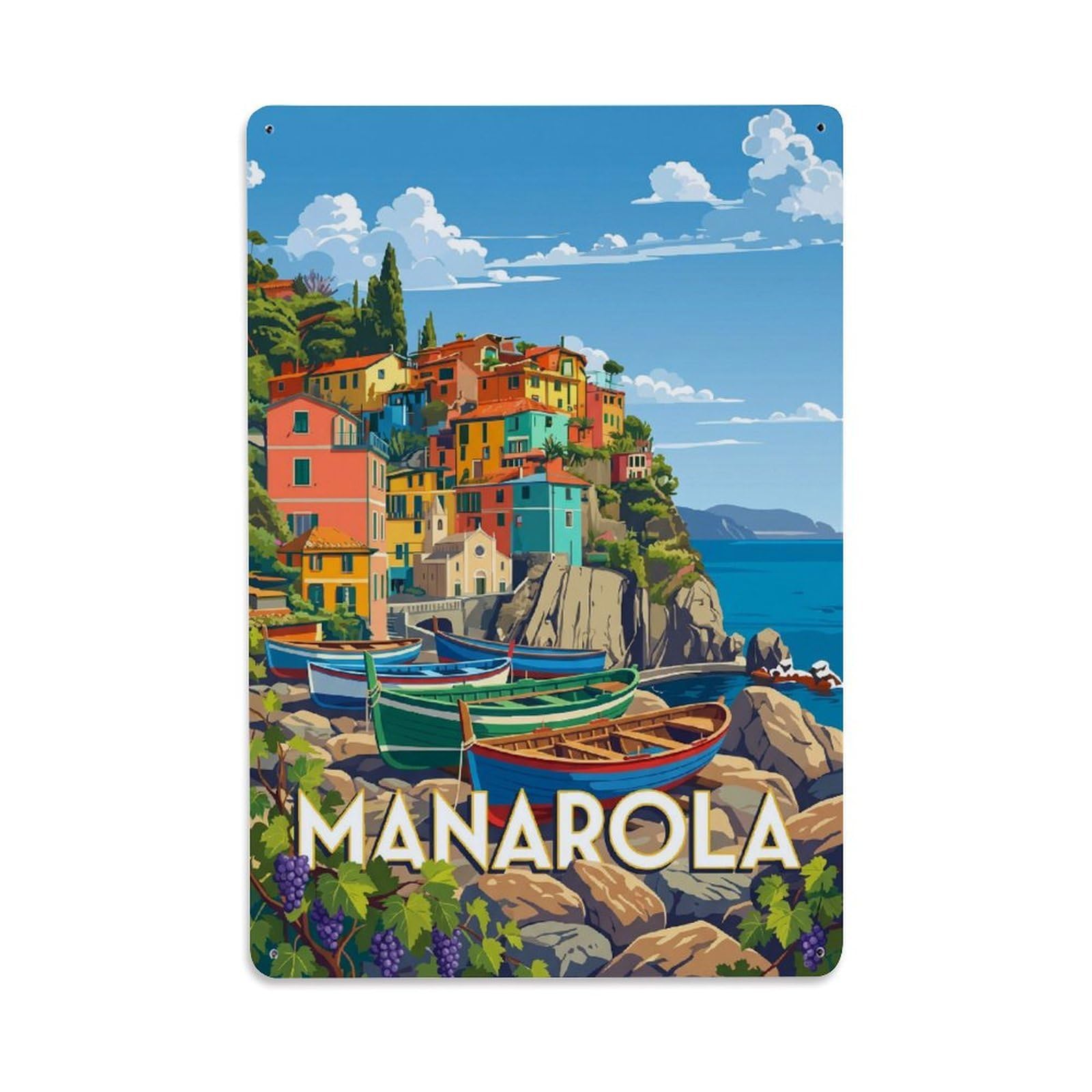 Manarola Italian Riviera Vintage Cinque Terre Metal Tin Sign Plaque Wall Decor for Cafe, Man Cave, Club Bar, Office, Home Garden Round Metal Poster 8x12Inch