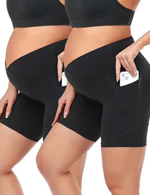 HOFISH Maternity Shorts for Women Over The Belly Pregancy Biker Shorts Workout Active Running Short Pants with Pockets